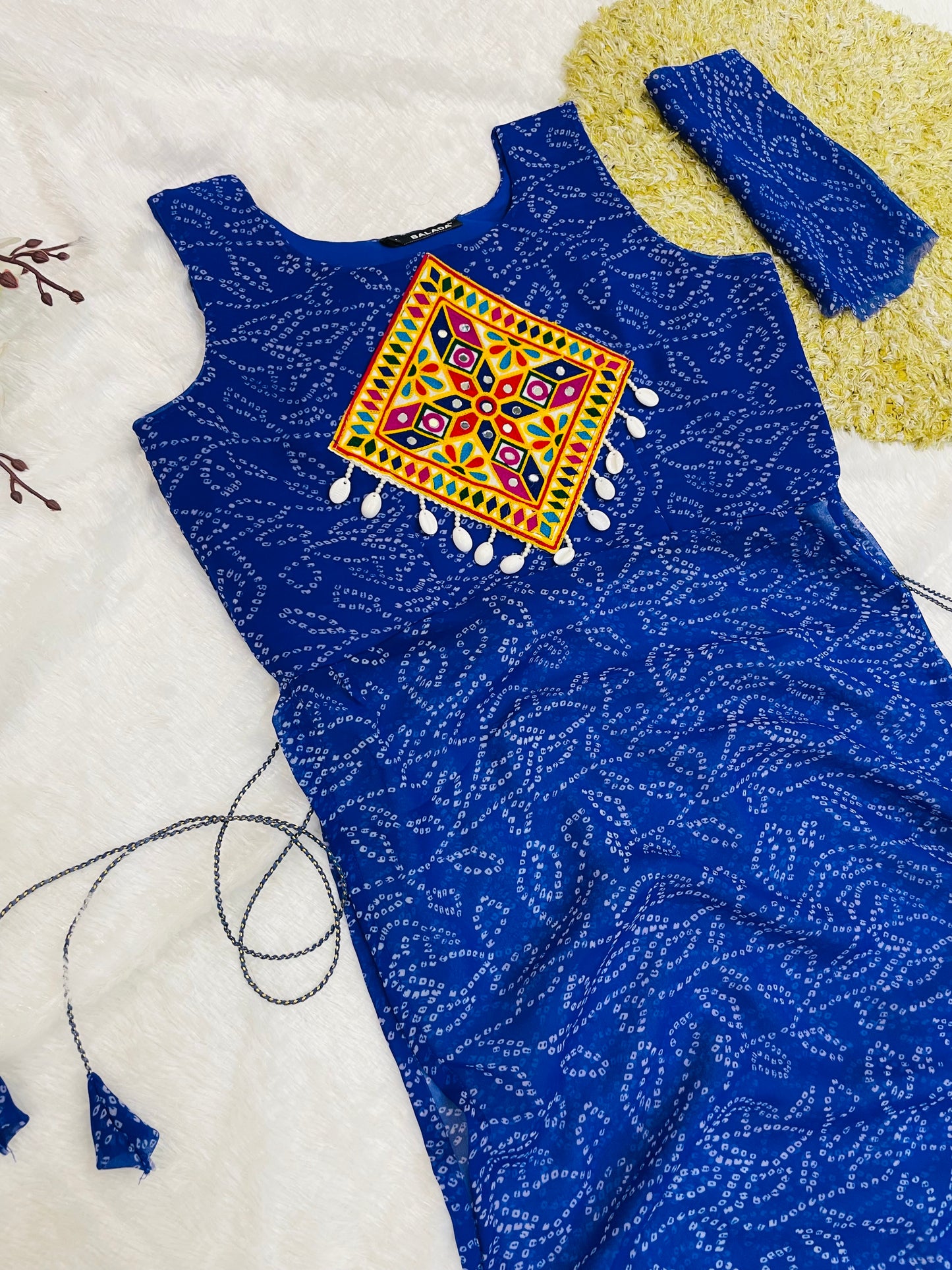 Royal Blue Bandhani Mirror Work Kurti Set