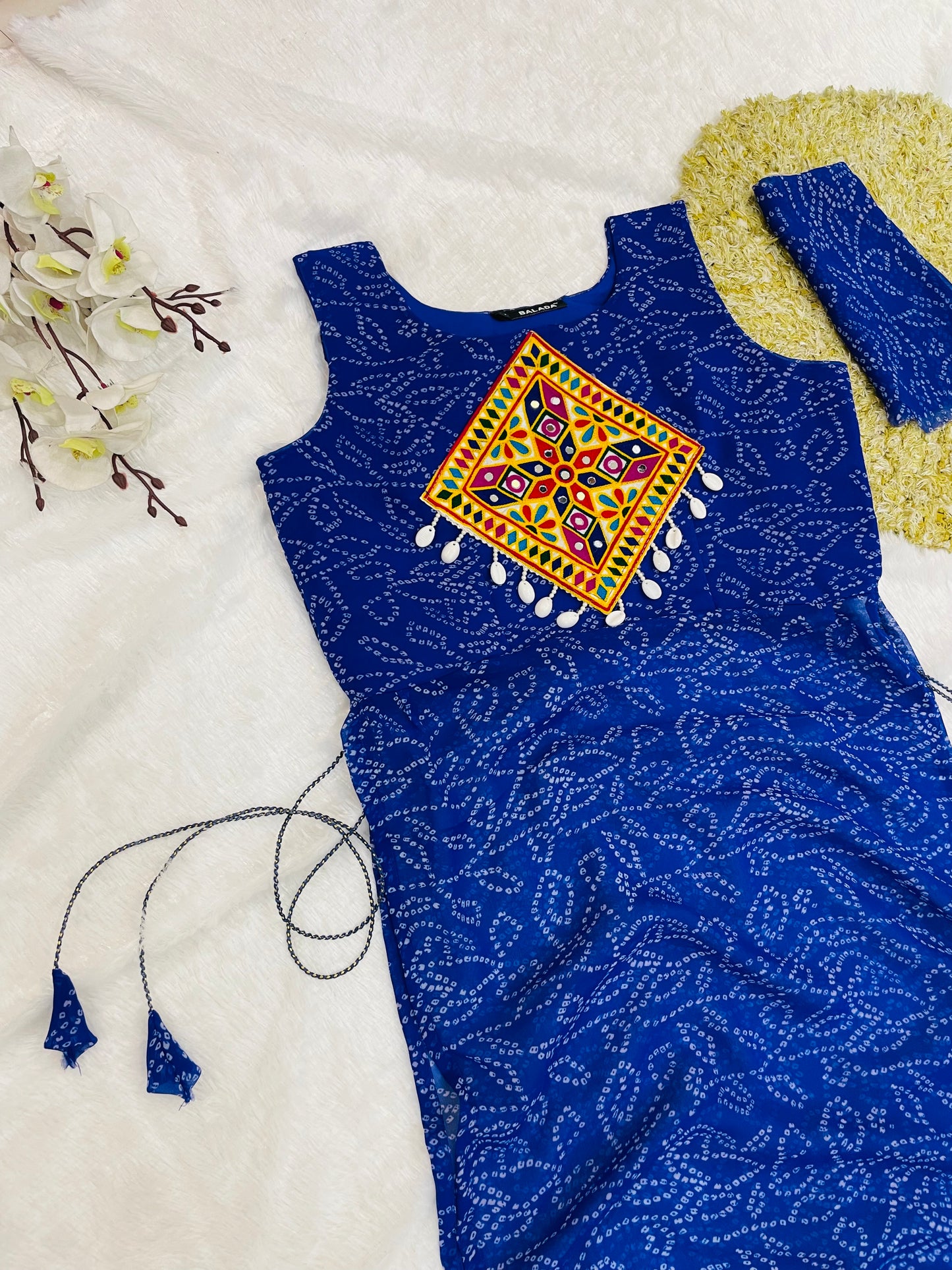 Royal Blue Bandhani Mirror Work Kurti Set
