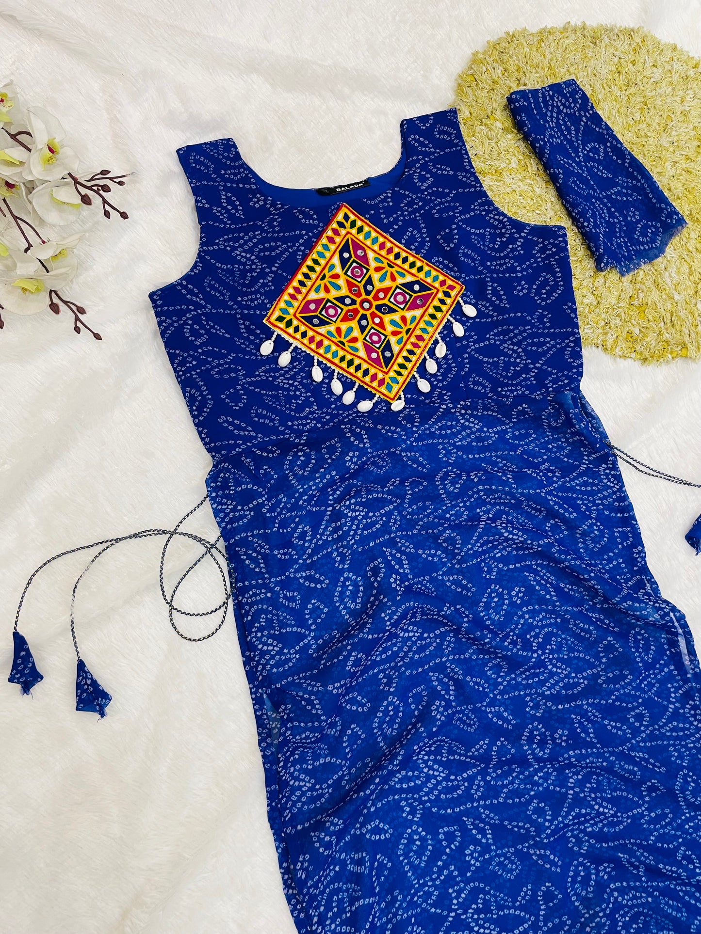 Royal Blue Bandhani Mirror Work Kurti Set