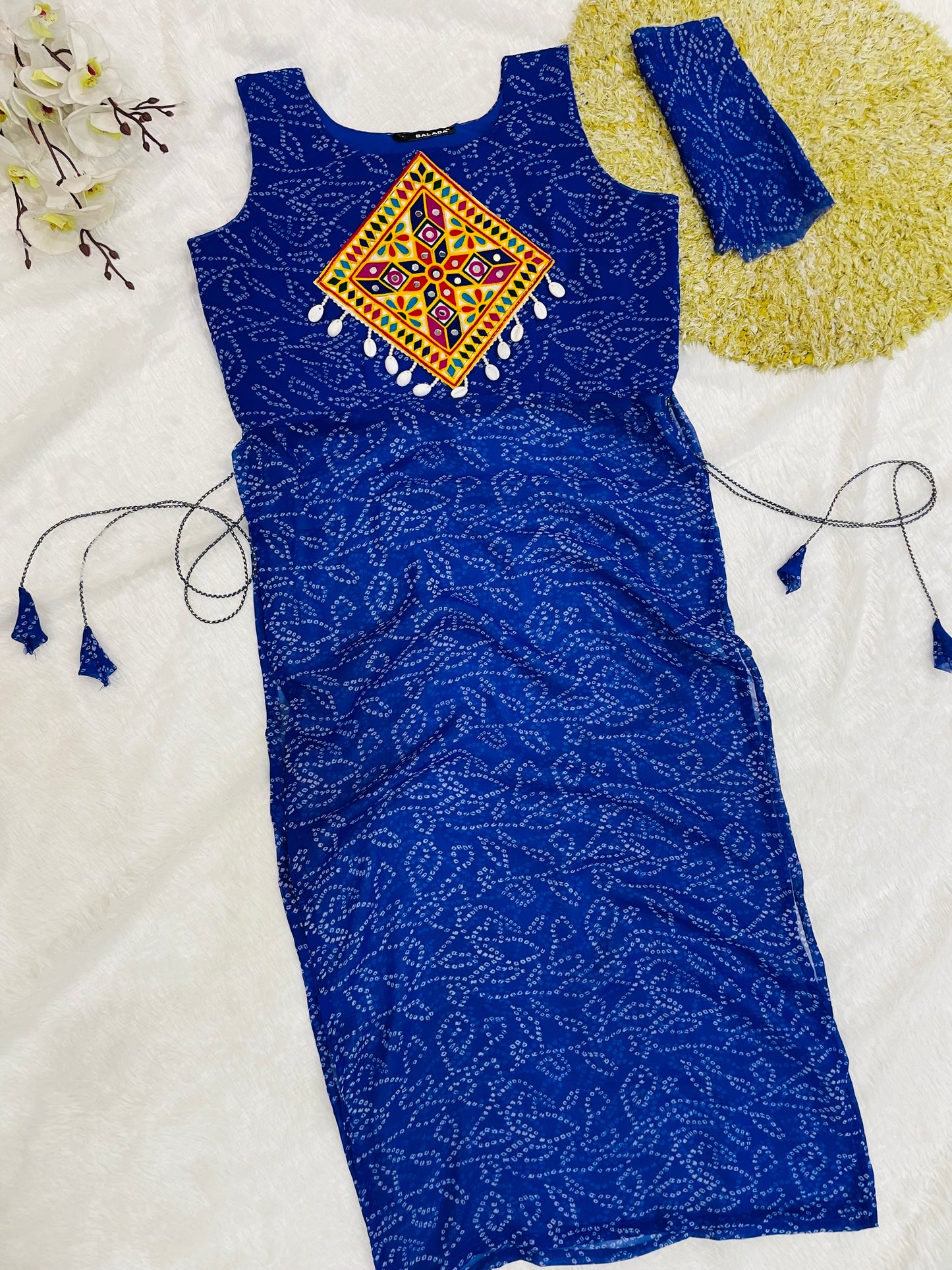 Royal Blue Bandhani Mirror Work Kurti Set