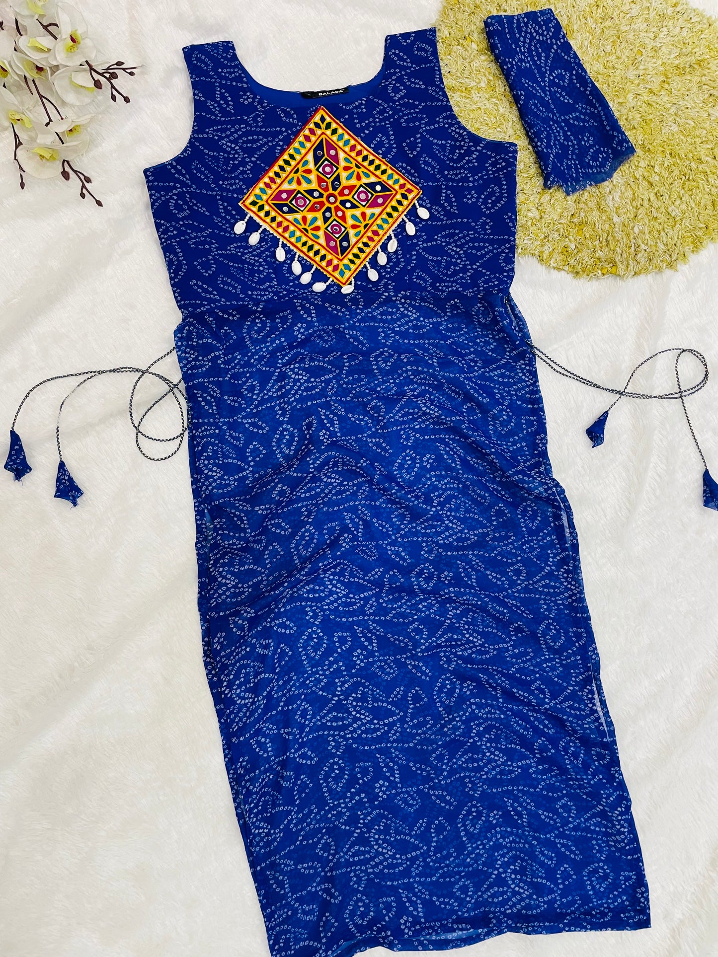 Royal Blue Bandhani Mirror Work Kurti Set