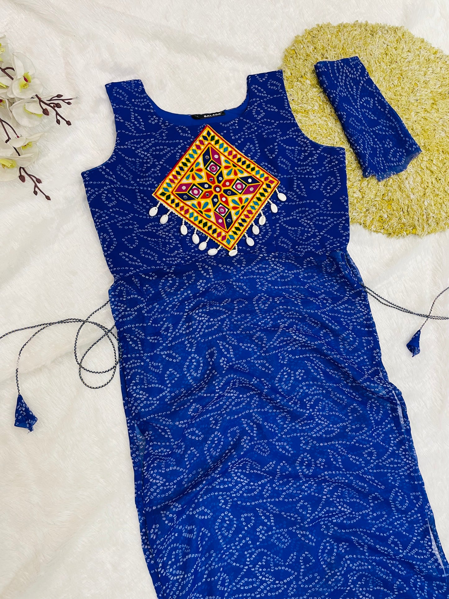 Royal Blue Bandhani Mirror Work Kurti Set