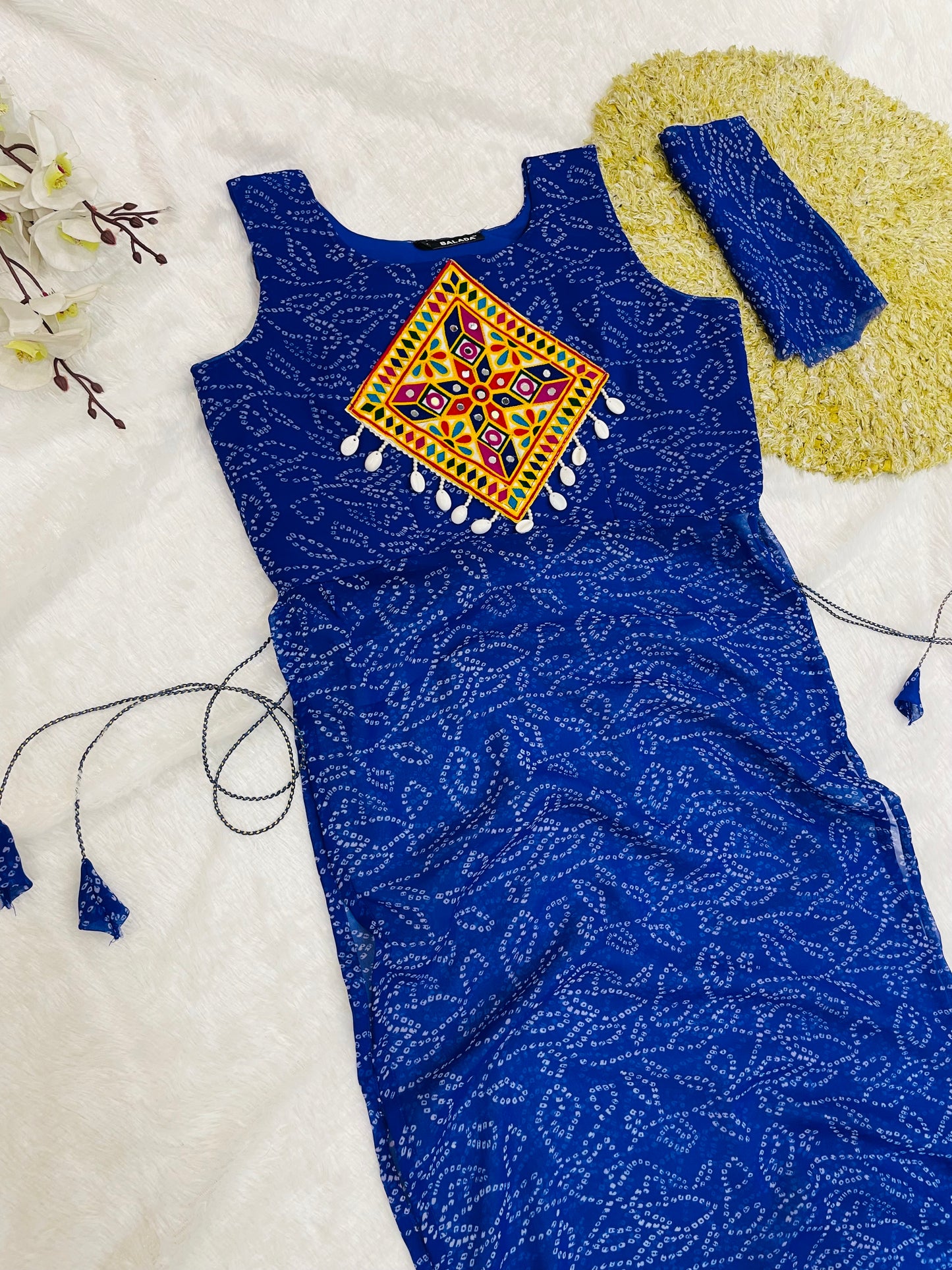Royal Blue Bandhani Mirror Work Kurti Set