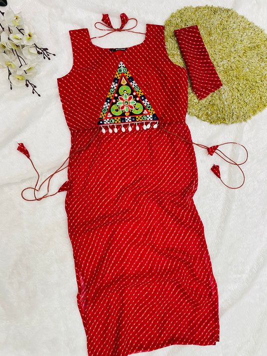 Bandhani Embroidered Cotton Kurti-Red