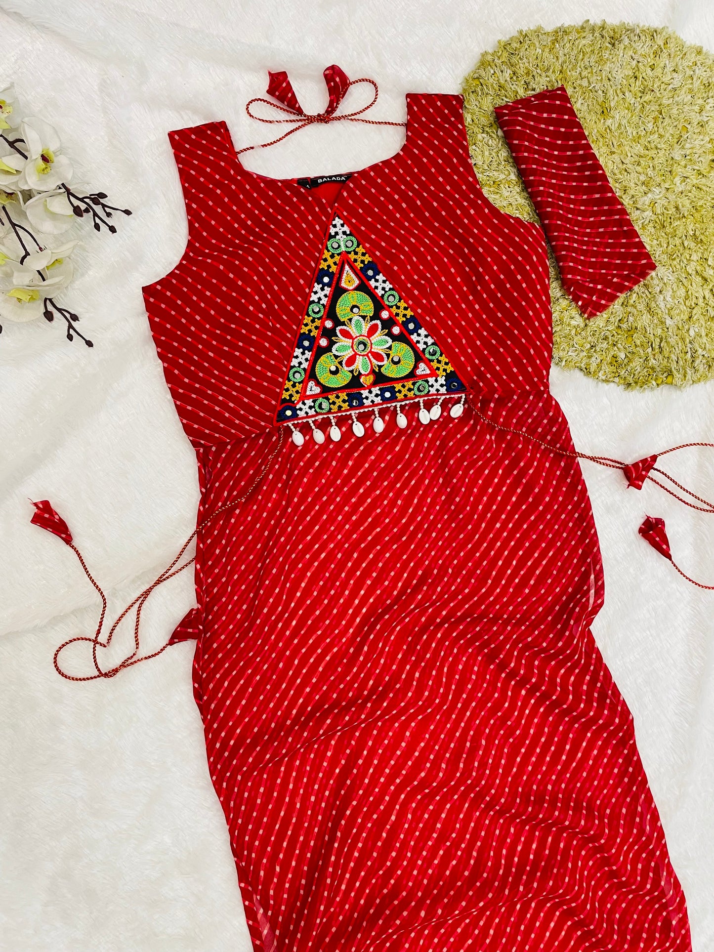 Bandhani Embroidered Cotton Kurti-Red