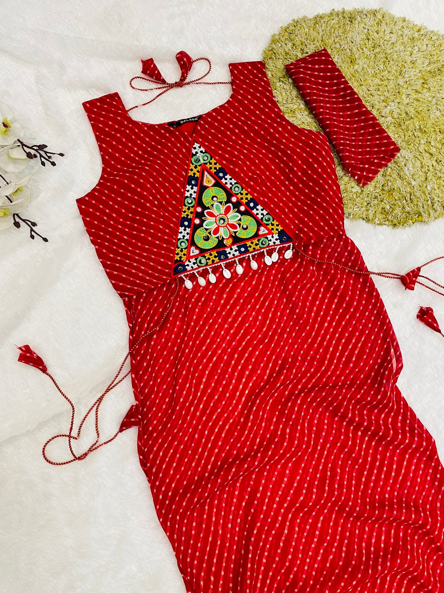 Bandhani Embroidered Cotton Kurti-Red