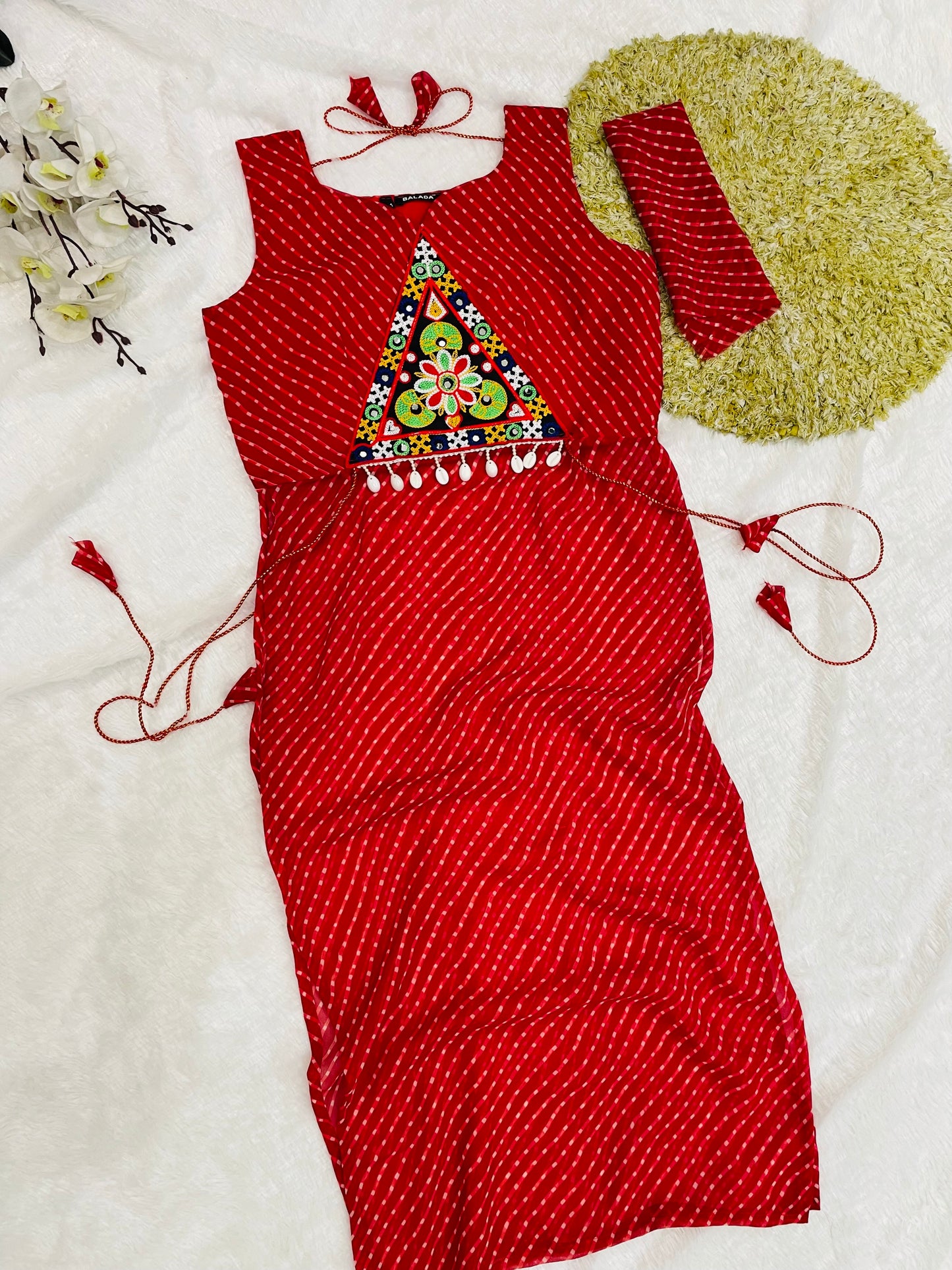 Bandhani Embroidered Cotton Kurti-Red