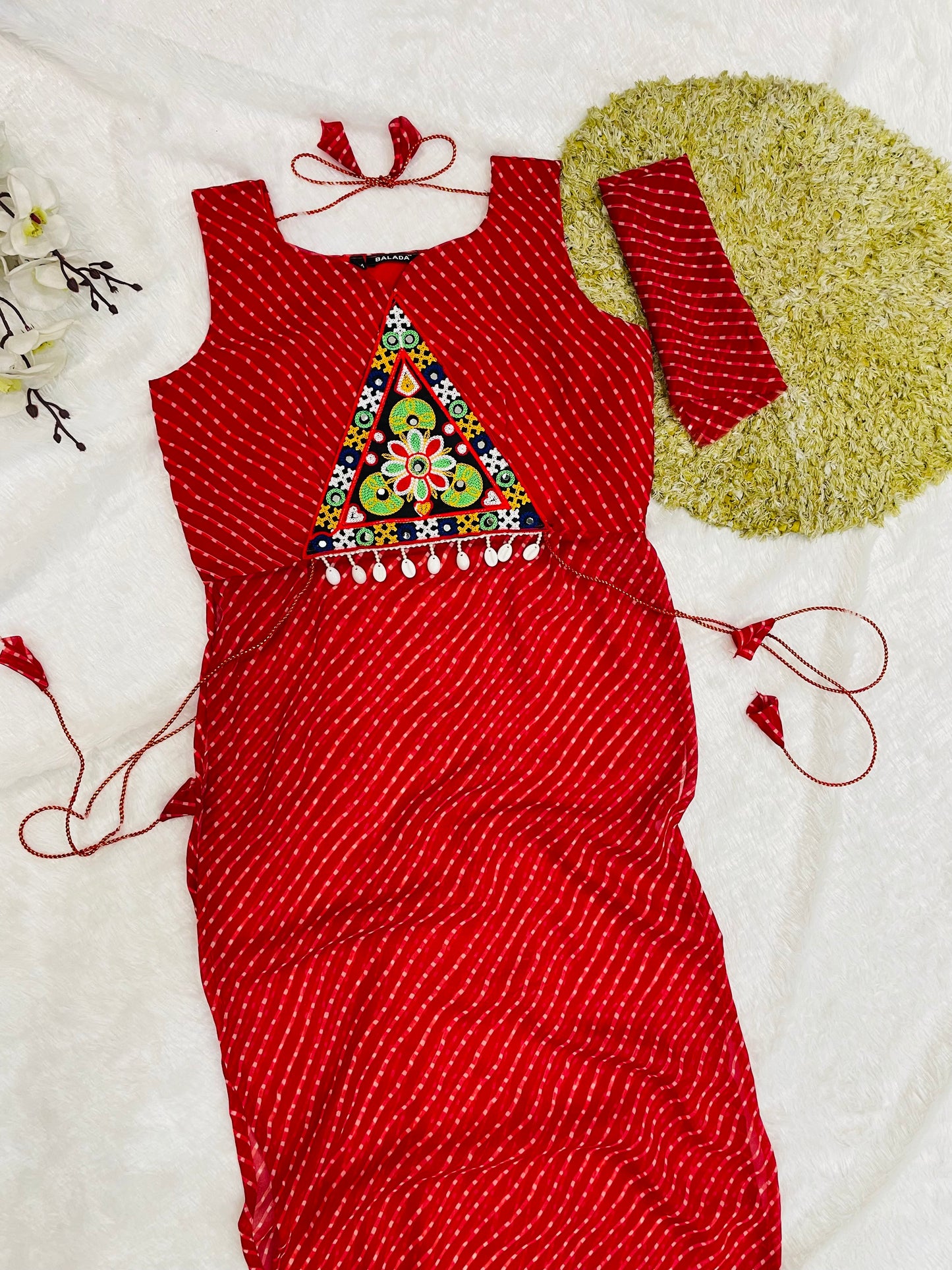 Bandhani Embroidered Cotton Kurti-Red