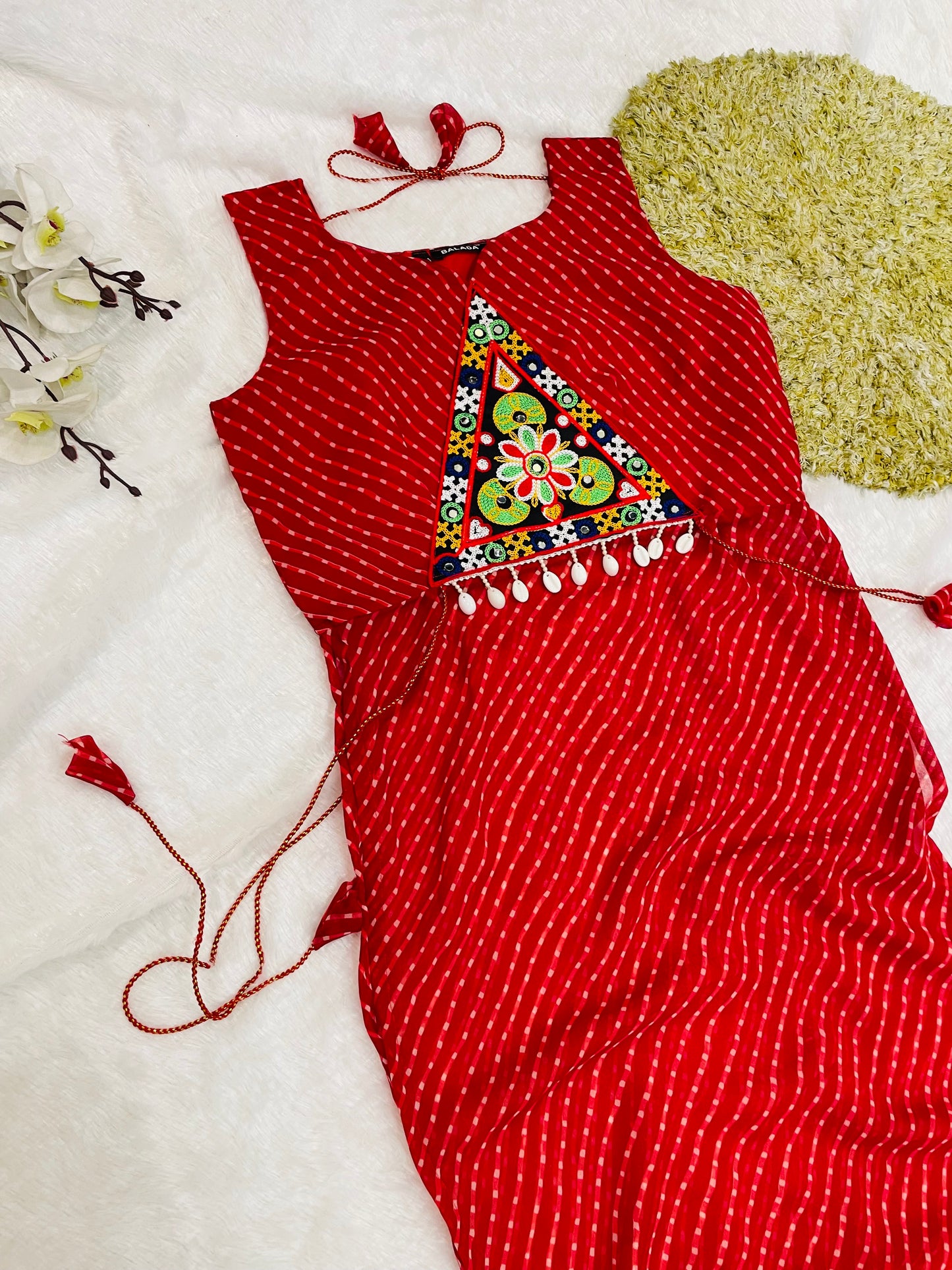 Bandhani Embroidered Cotton Kurti-Red
