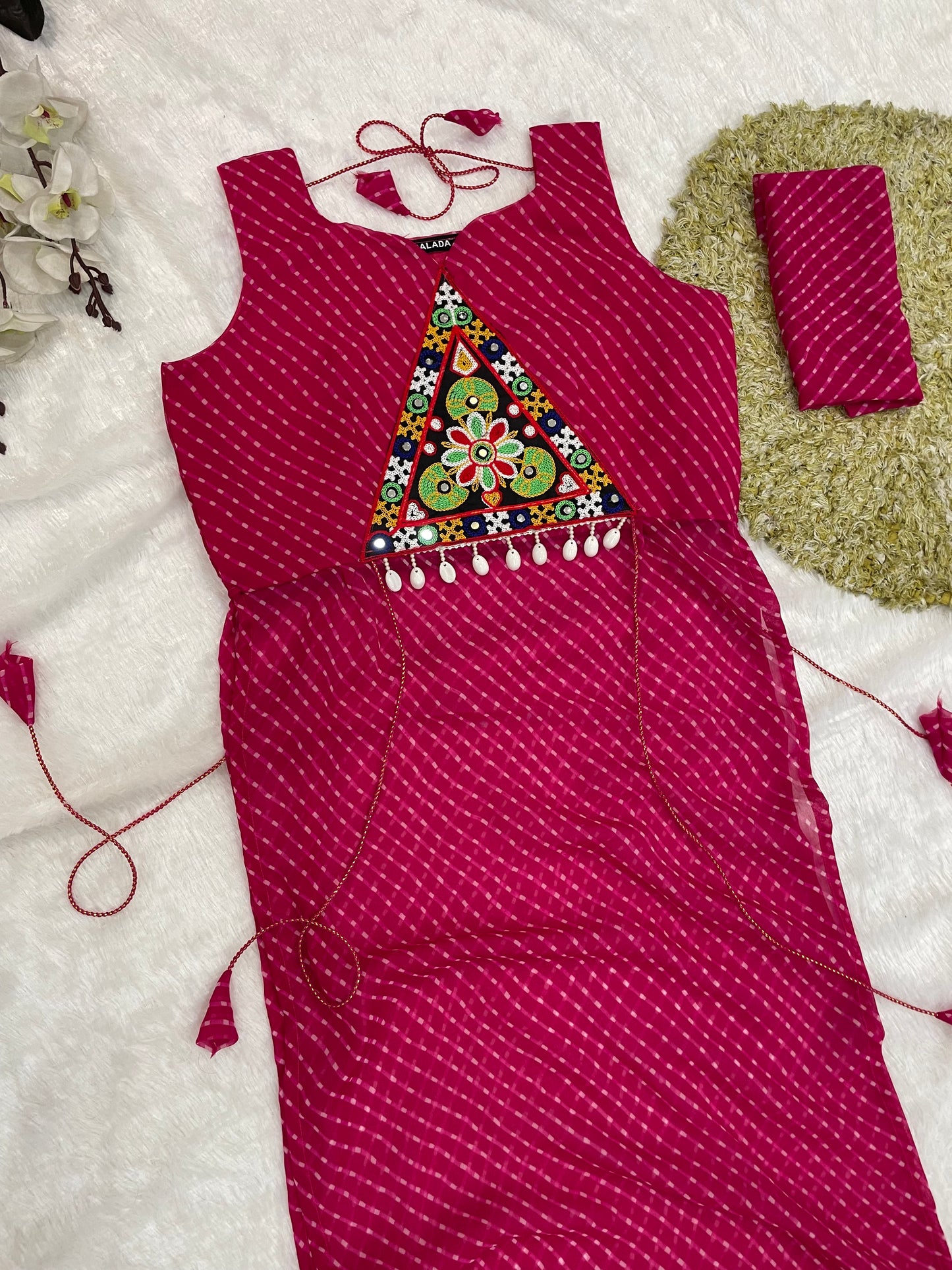 Bandhani Embroidered Georgette Kurti – Magenta Bloom