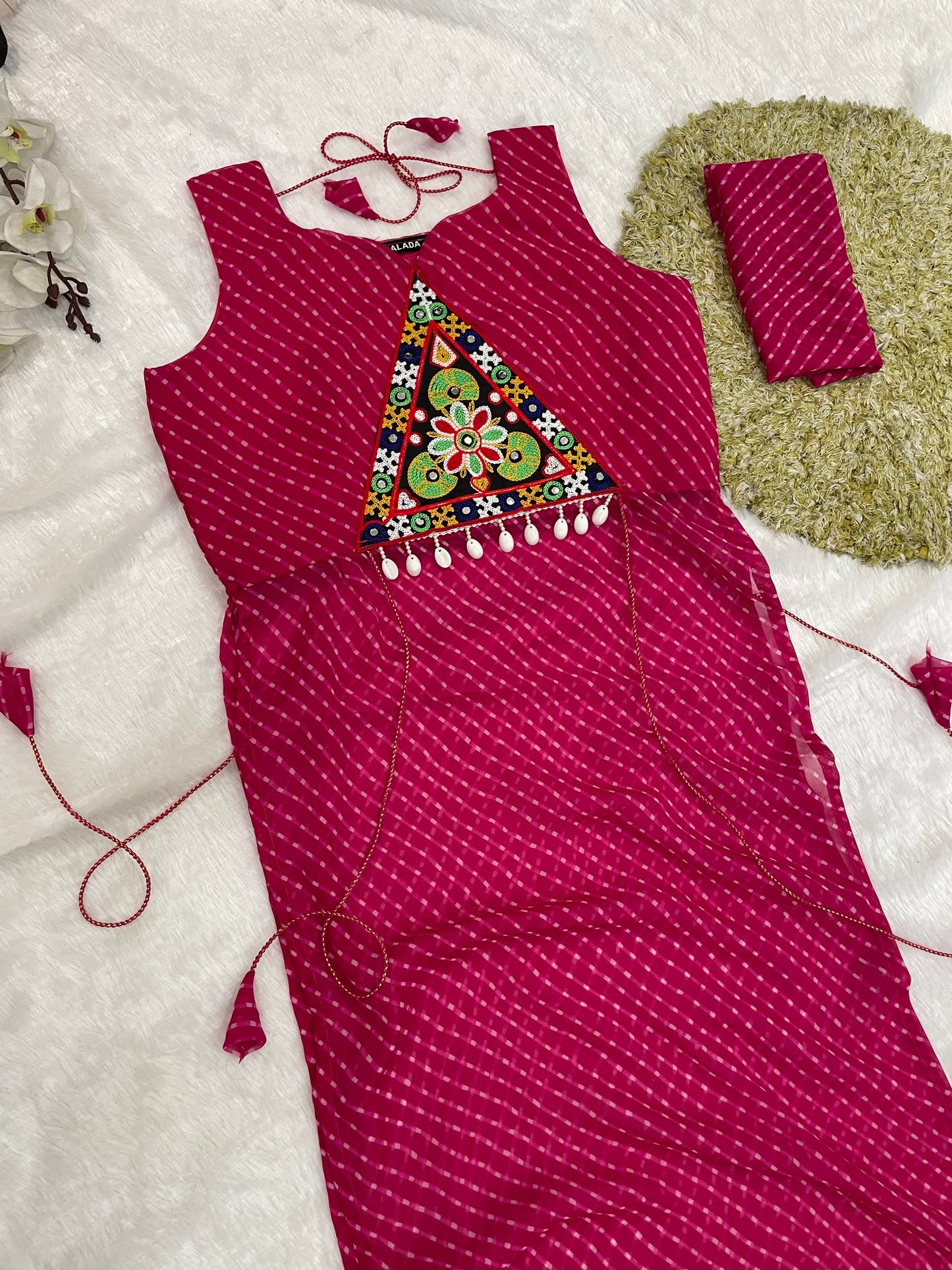 Bandhani Embroidered Georgette Kurti – Magenta Bloom
