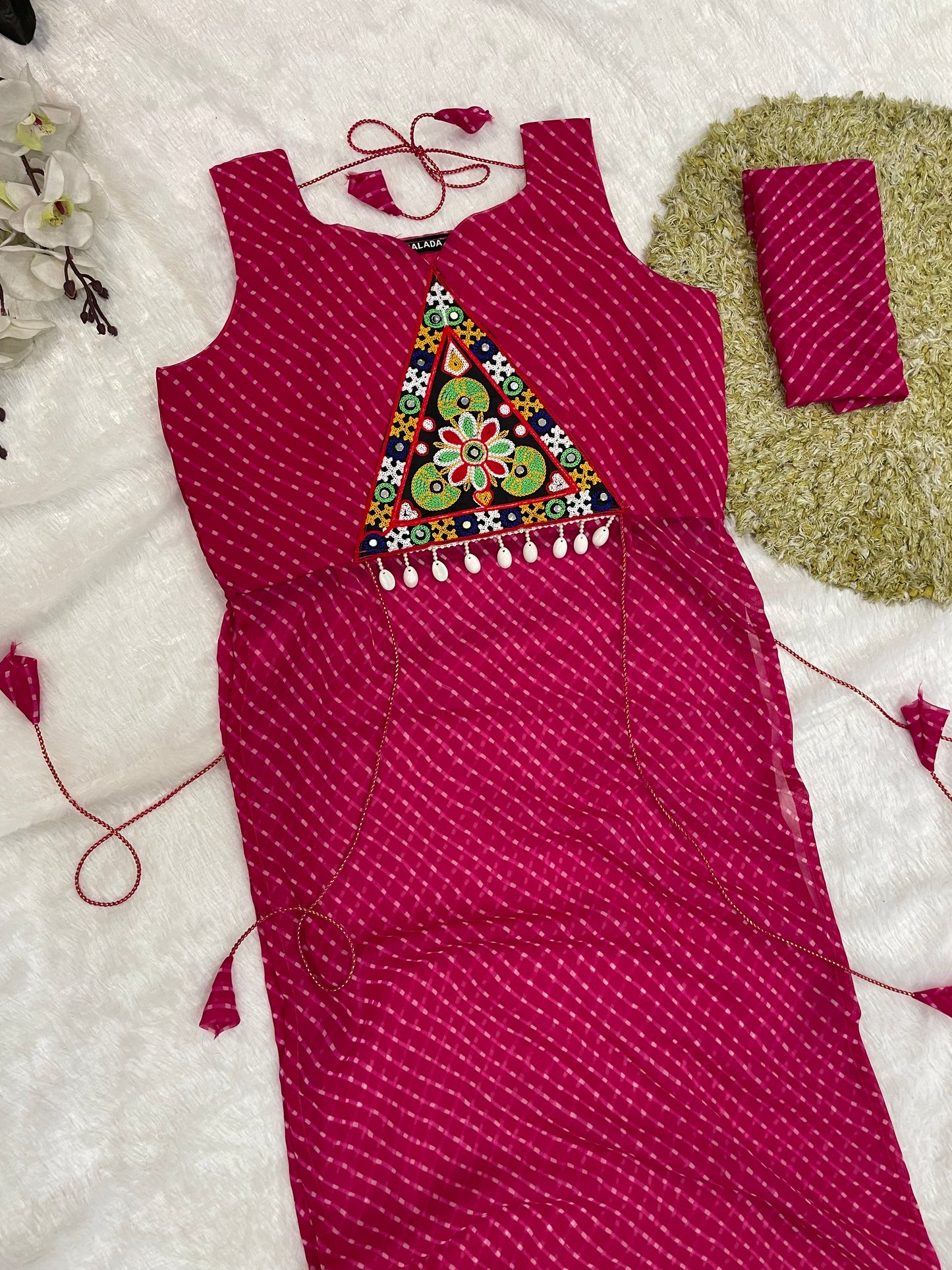 Bandhani Embroidered Georgette Kurti – Magenta Bloom