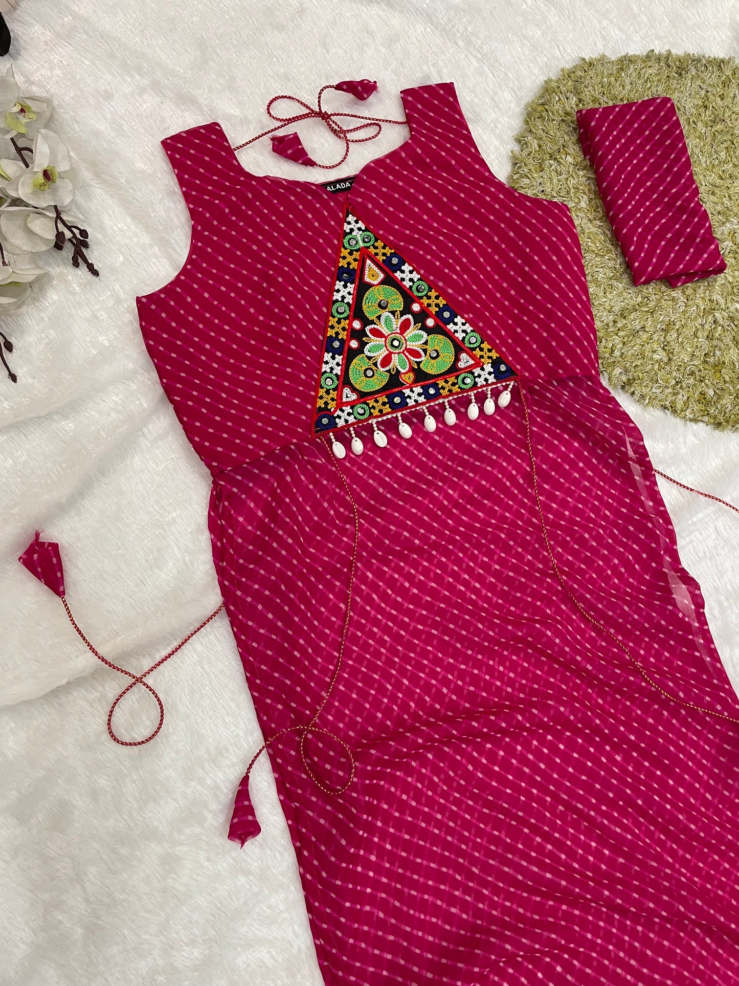 Bandhani Embroidered Georgette Kurti – Magenta Bloom