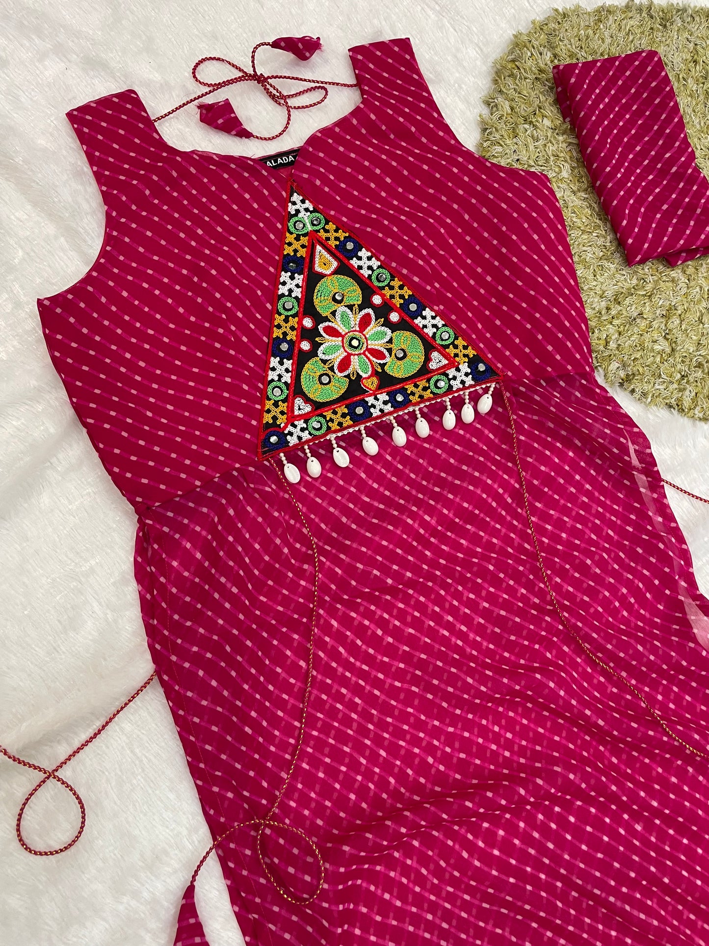 Bandhani Embroidered Georgette Kurti – Magenta Bloom
