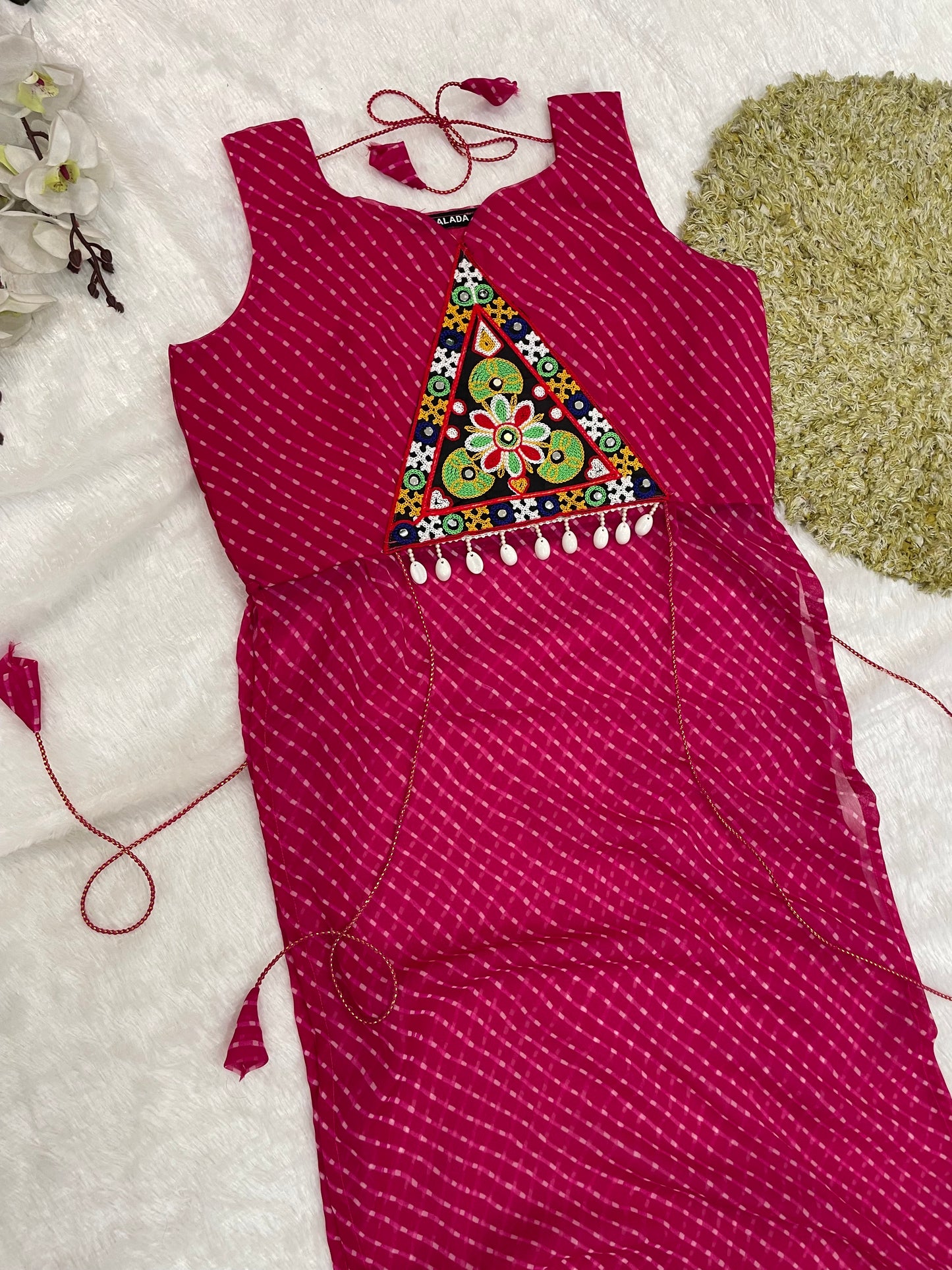 Bandhani Embroidered Georgette Kurti – Magenta Bloom