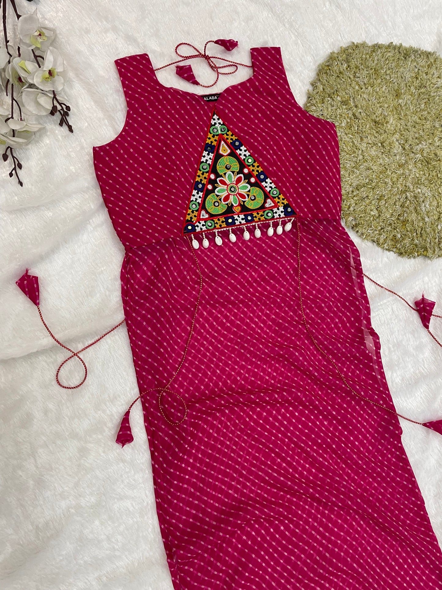 Bandhani Embroidered Georgette Kurti – Magenta Bloom