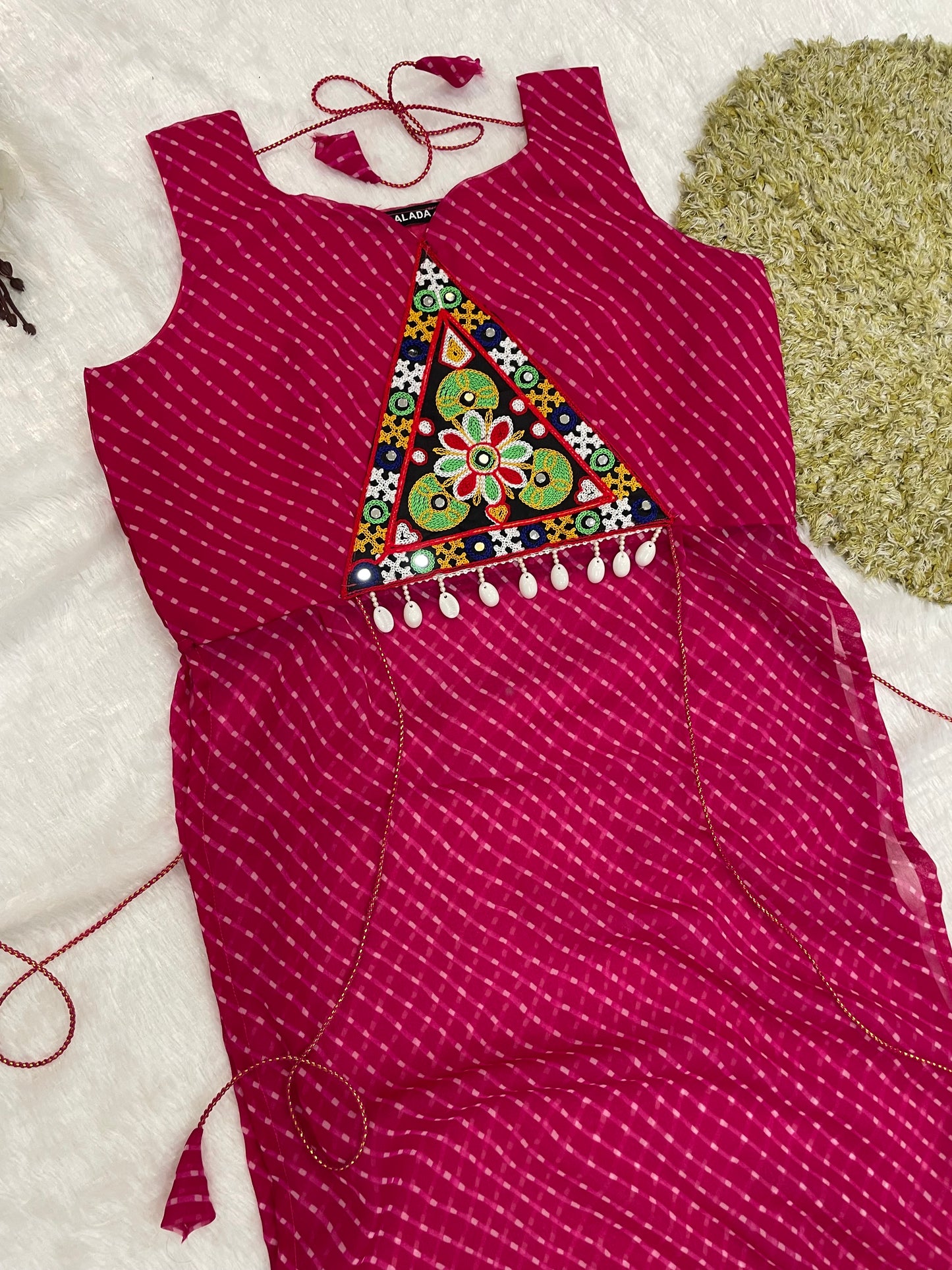 Bandhani Embroidered Georgette Kurti – Magenta Bloom