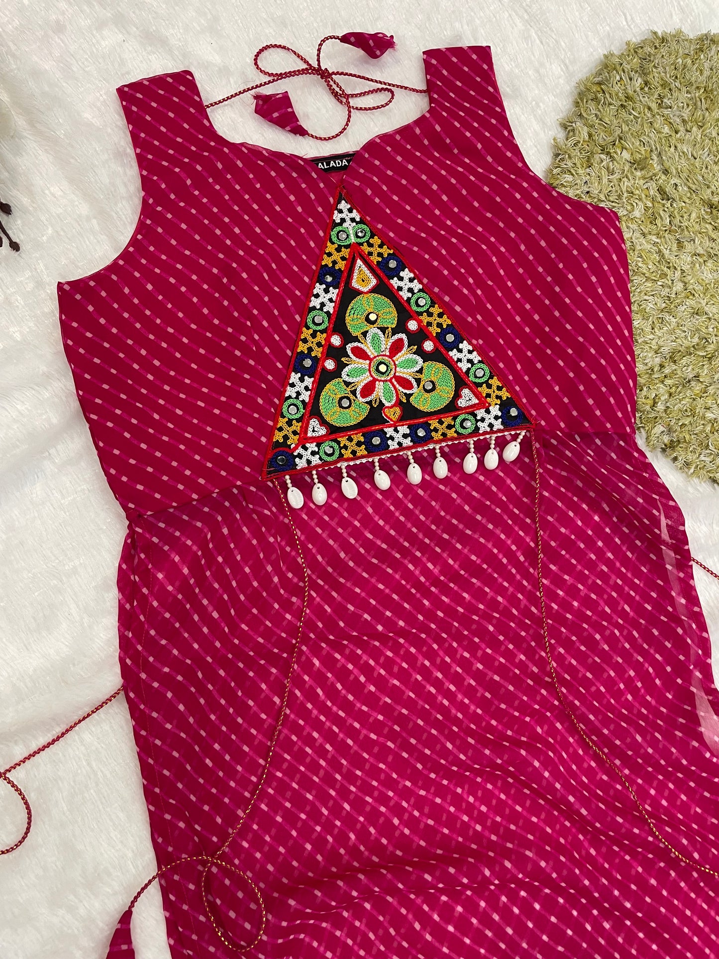 Bandhani Embroidered Georgette Kurti – Magenta Bloom