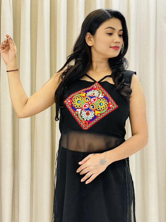 Embroidered Navratri Kurti – Black, Blue & White