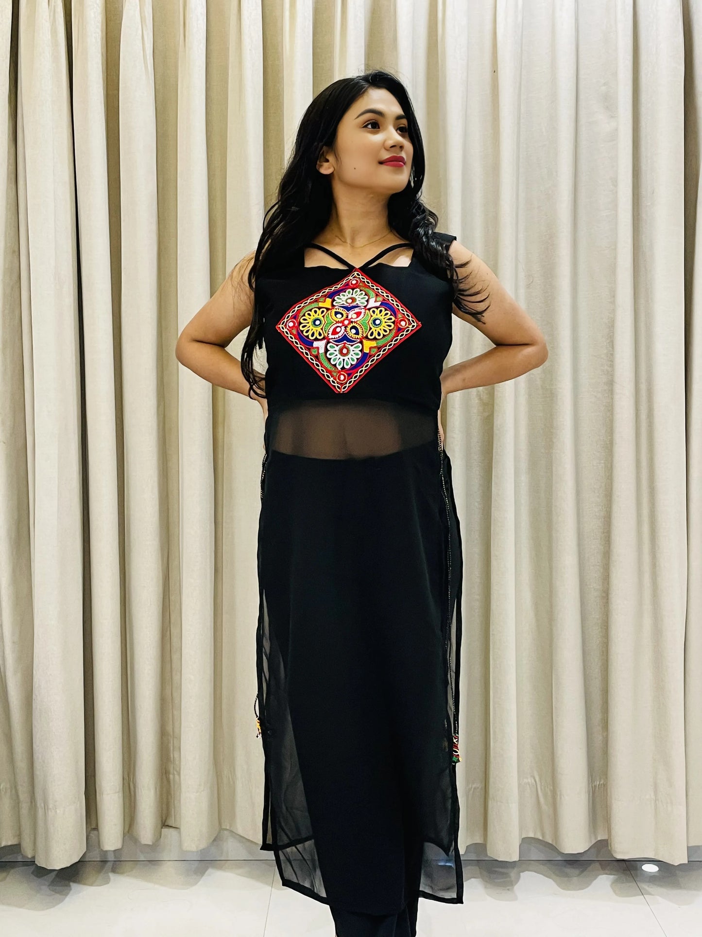 Embroidered Navratri Kurti – Black, Blue & White