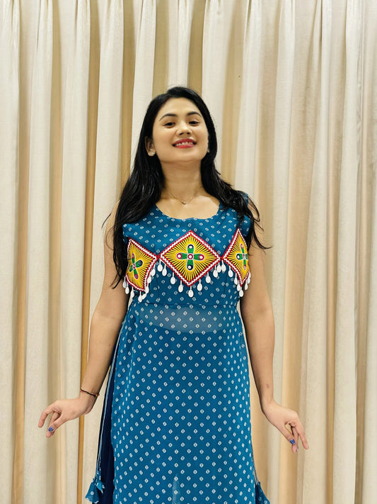 BALADA Teal Blue Georgette Kurti for Navratri – Embroidered Mirror Work Festive Outfit
