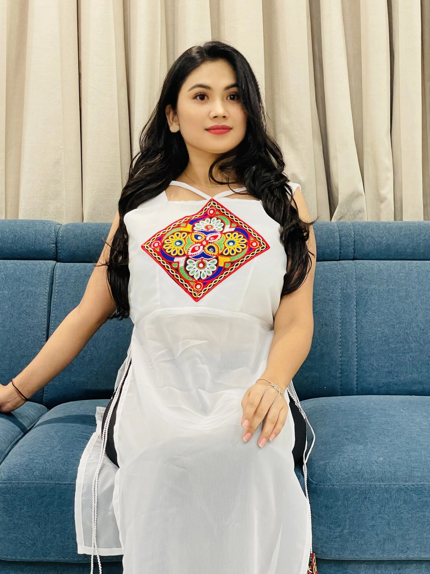 Embroidered Navratri Kurti – Black, Blue & White