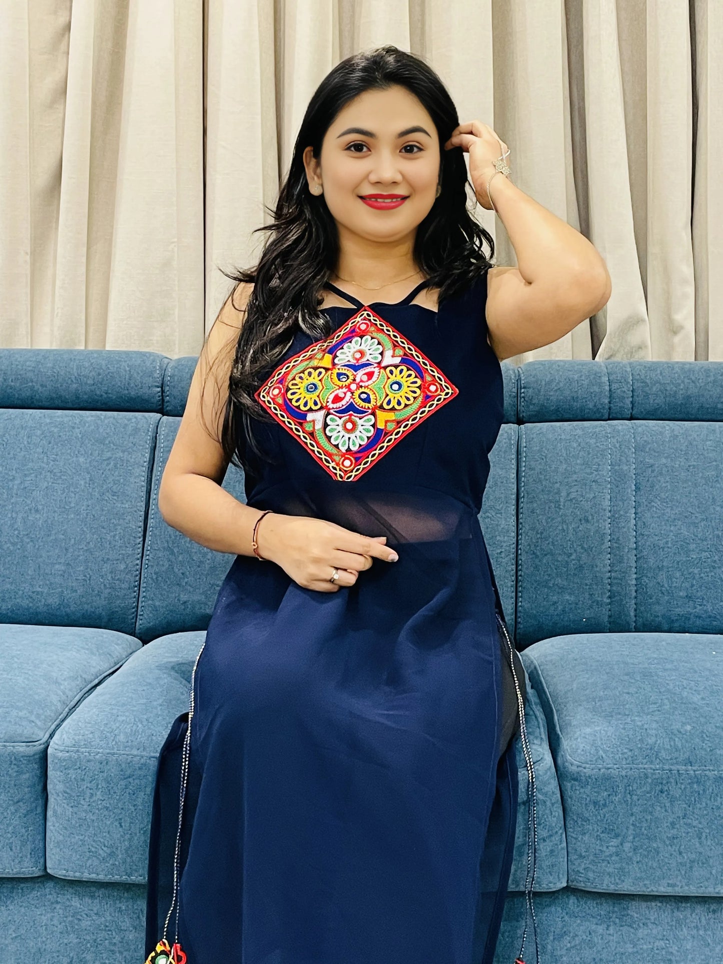 Embroidered Navratri Kurti – Black, Blue & White