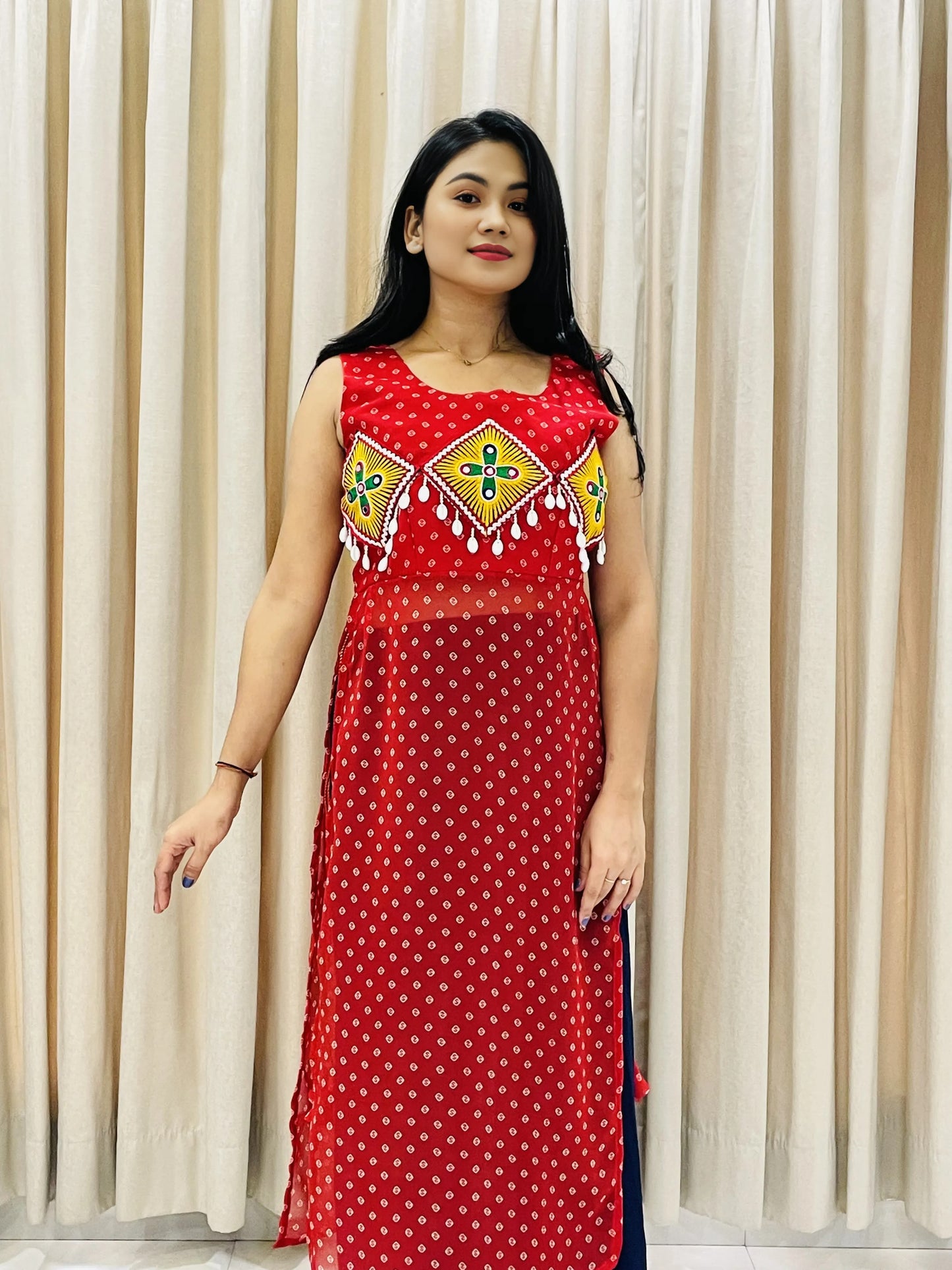 BALADA Red Georgette Kurti for Navratri – Vibrant Mirror Work Festive Wear