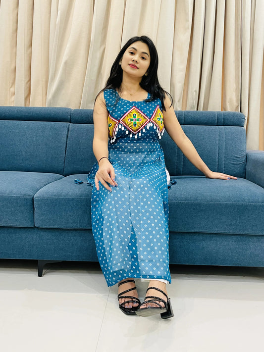 BALADA Teal Blue Georgette Kurti for Navratri – Embroidered Mirror Work Festive Outfit