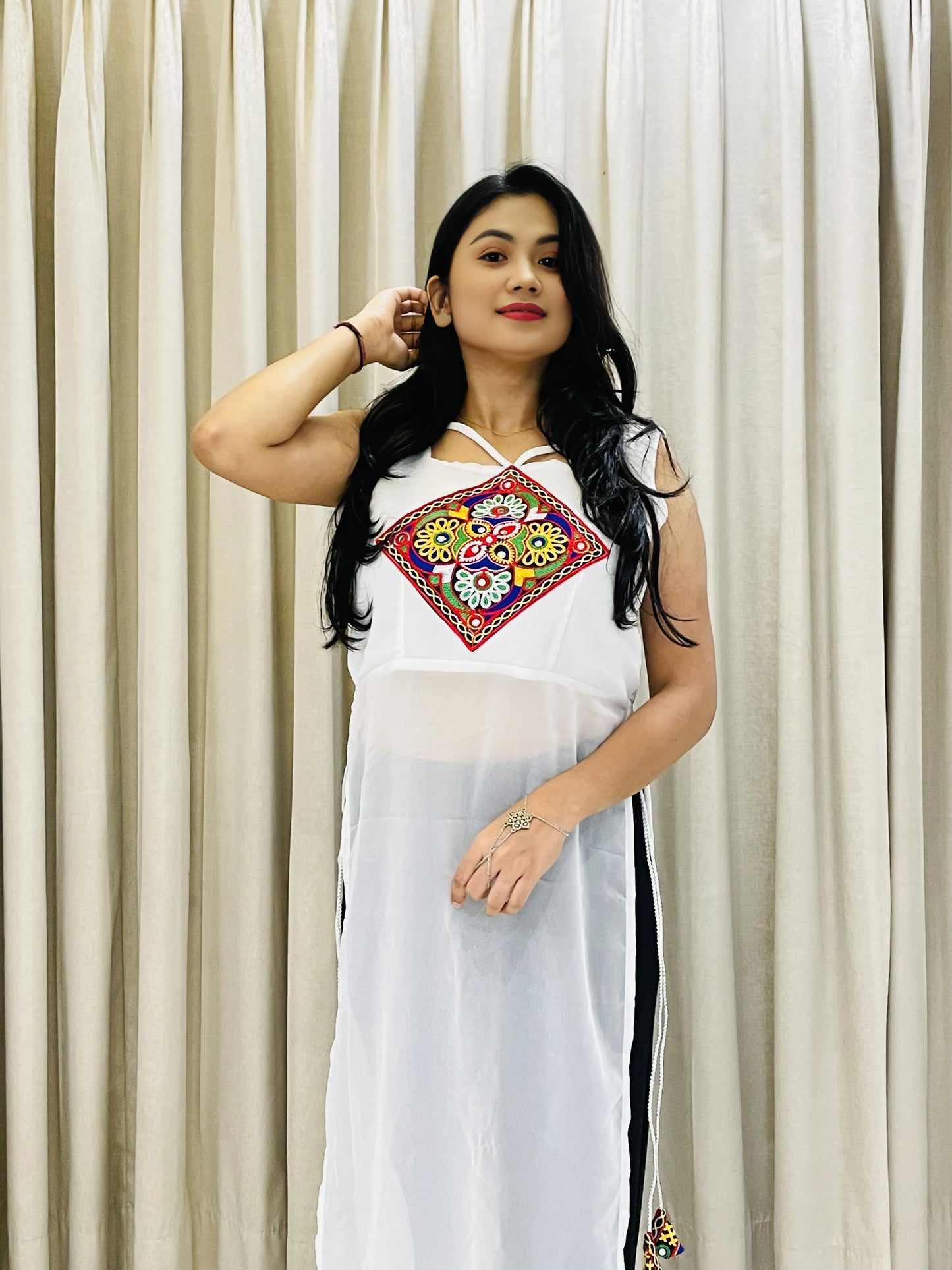 Embroidered Navratri Kurti – Black, Blue & White