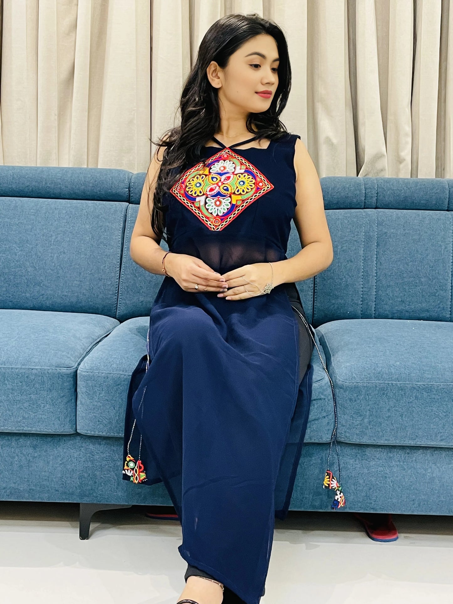 Embroidered Navratri Kurti – Black, Blue & White