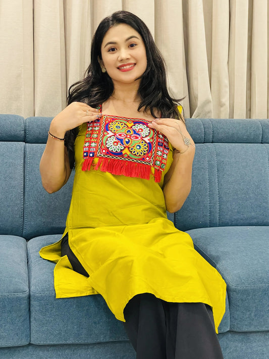 Tribal Mirror Work Straight Kurti – Ethnic Embroidered Panel