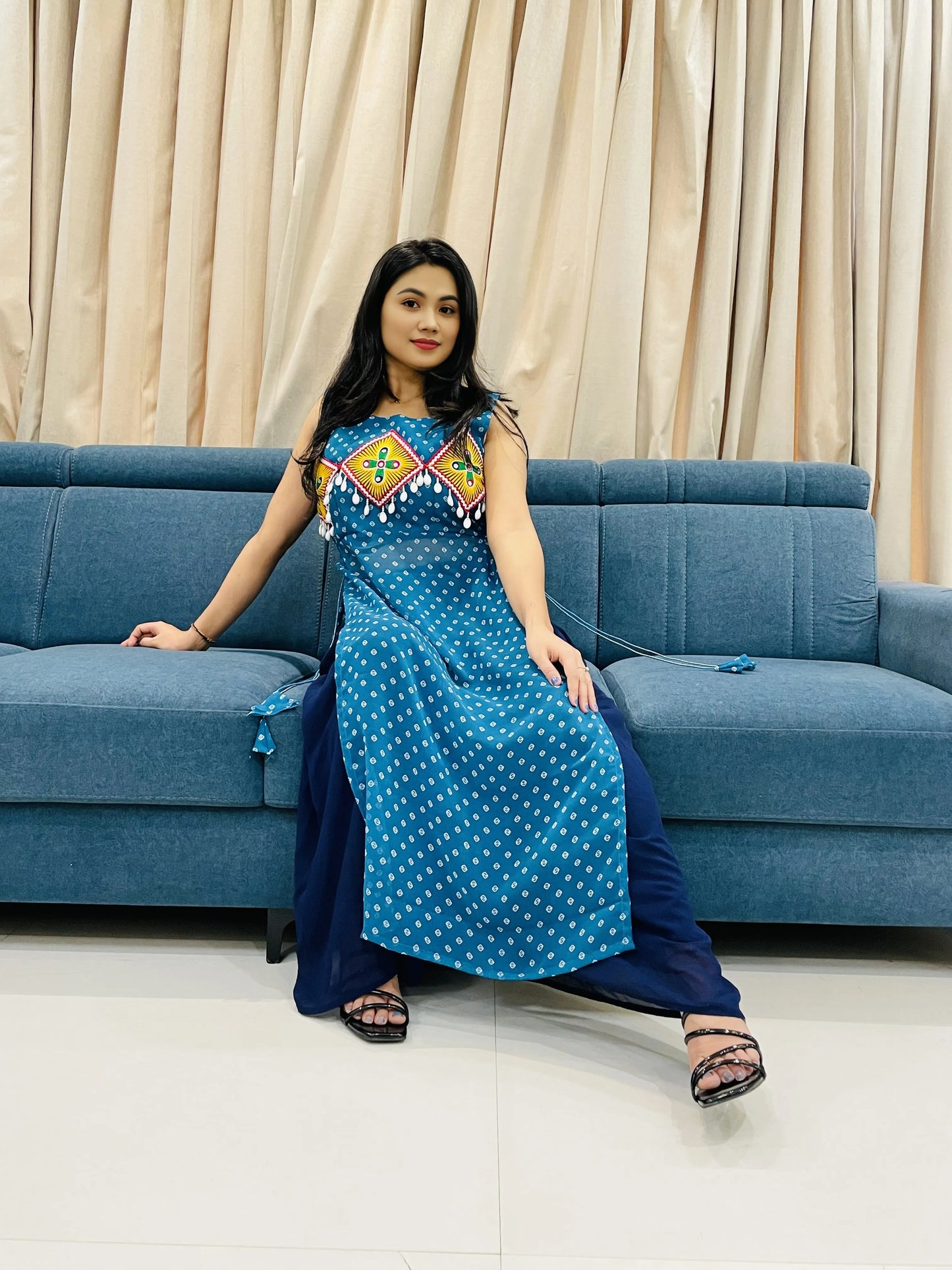 BALADA Teal Blue Georgette Kurti for Navratri – Embroidered Mirror Work Festive Outfit
