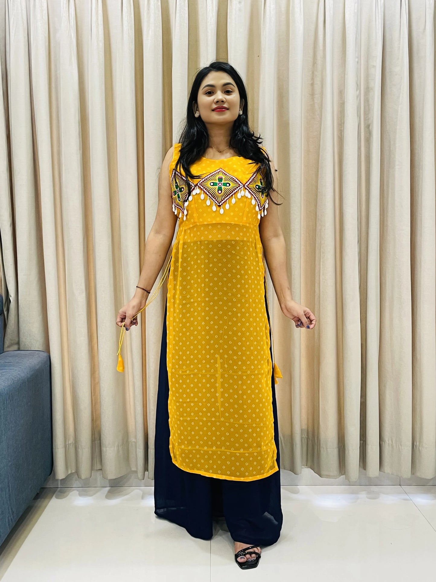 BALADA Yellow Georgette Kurti for Navratri – Traditional Mirror Work Festive Style