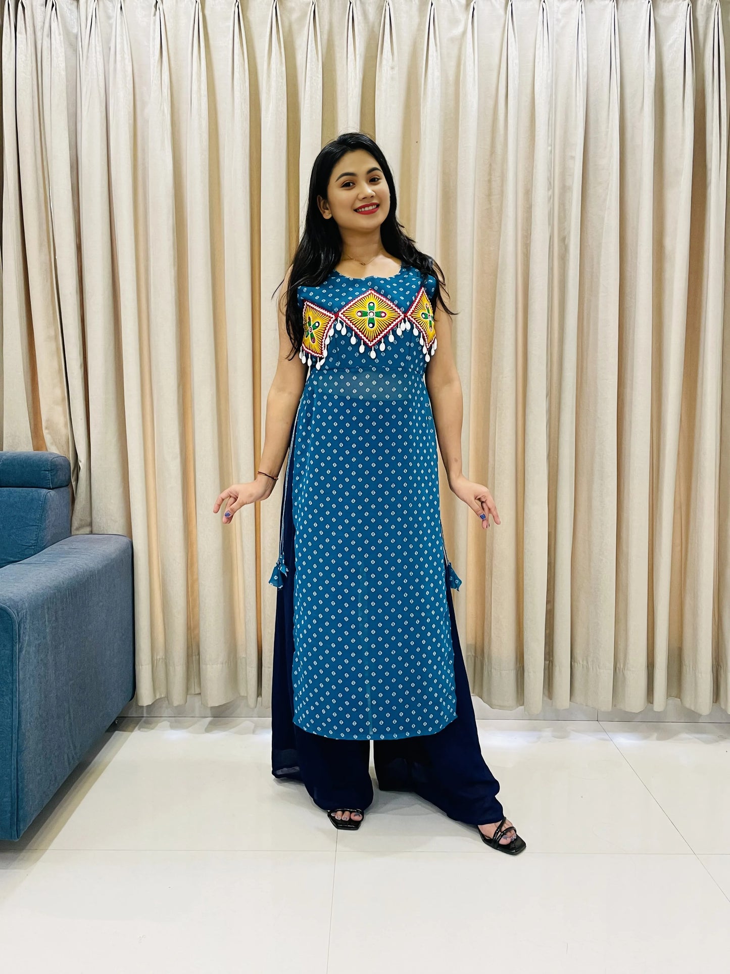 BALADA Teal Blue Georgette Kurti for Navratri – Embroidered Mirror Work Festive Outfit