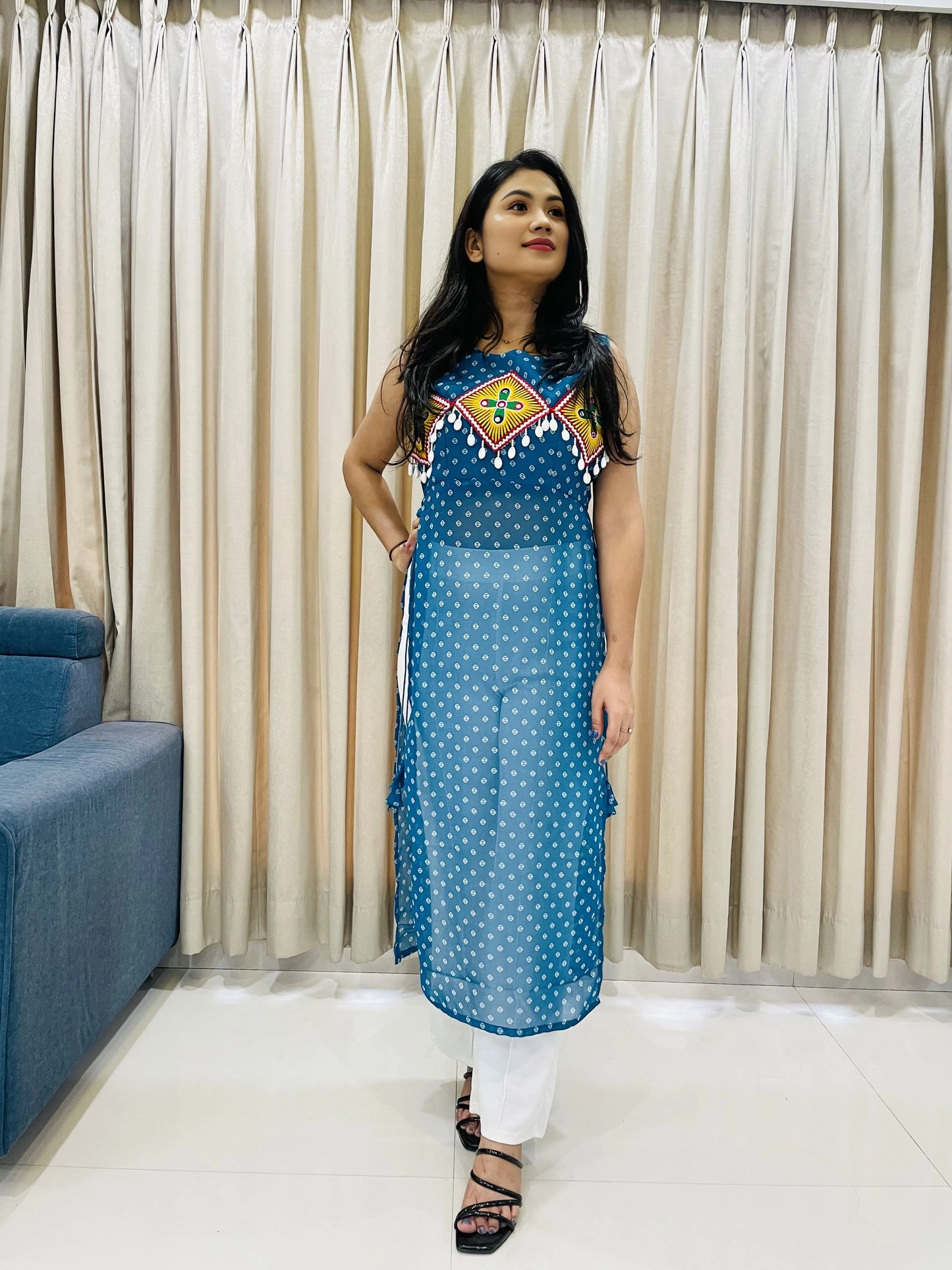 BALADA Teal Blue Georgette Kurti for Navratri – Embroidered Mirror Work Festive Outfit