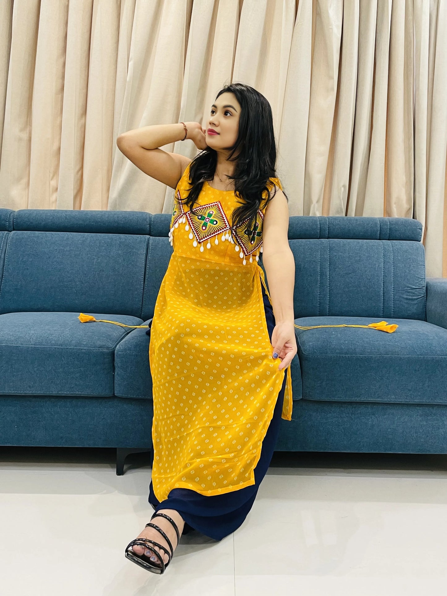 BALADA Yellow Georgette Kurti for Navratri – Traditional Mirror Work Festive Style