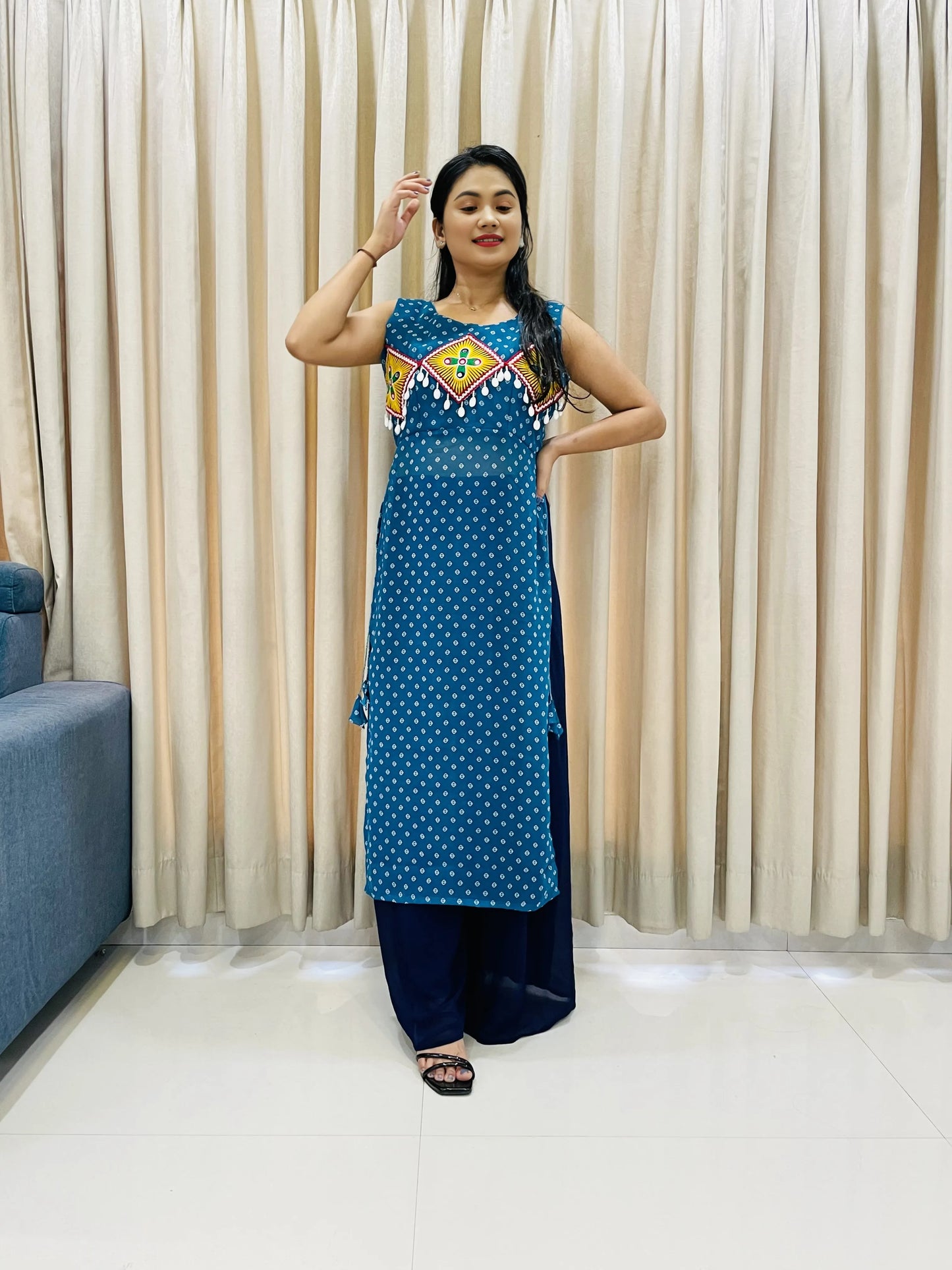 BALADA Teal Blue Georgette Kurti for Navratri – Embroidered Mirror Work Festive Outfit