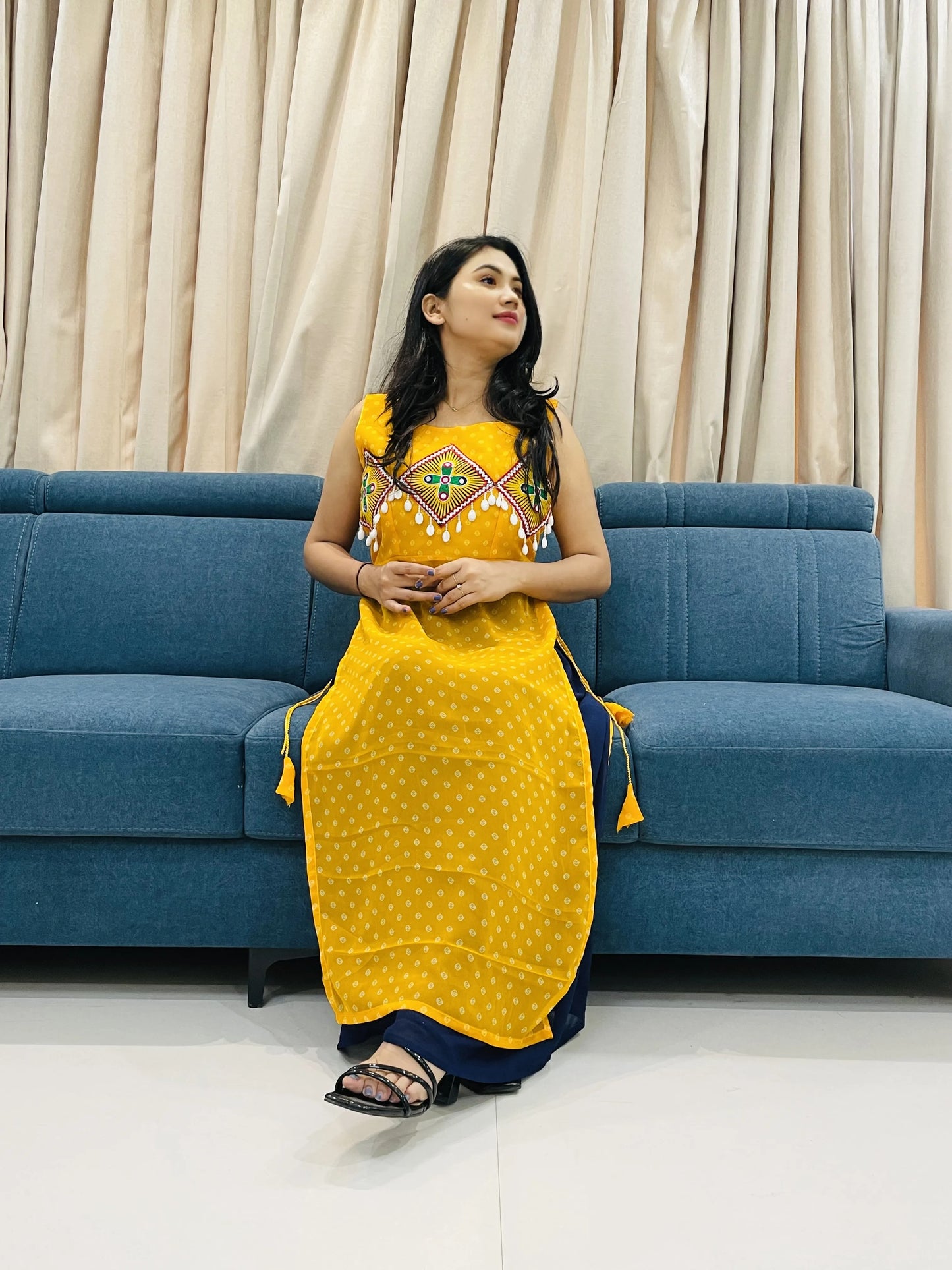 BALADA Yellow Georgette Kurti for Navratri – Traditional Mirror Work Festive Style