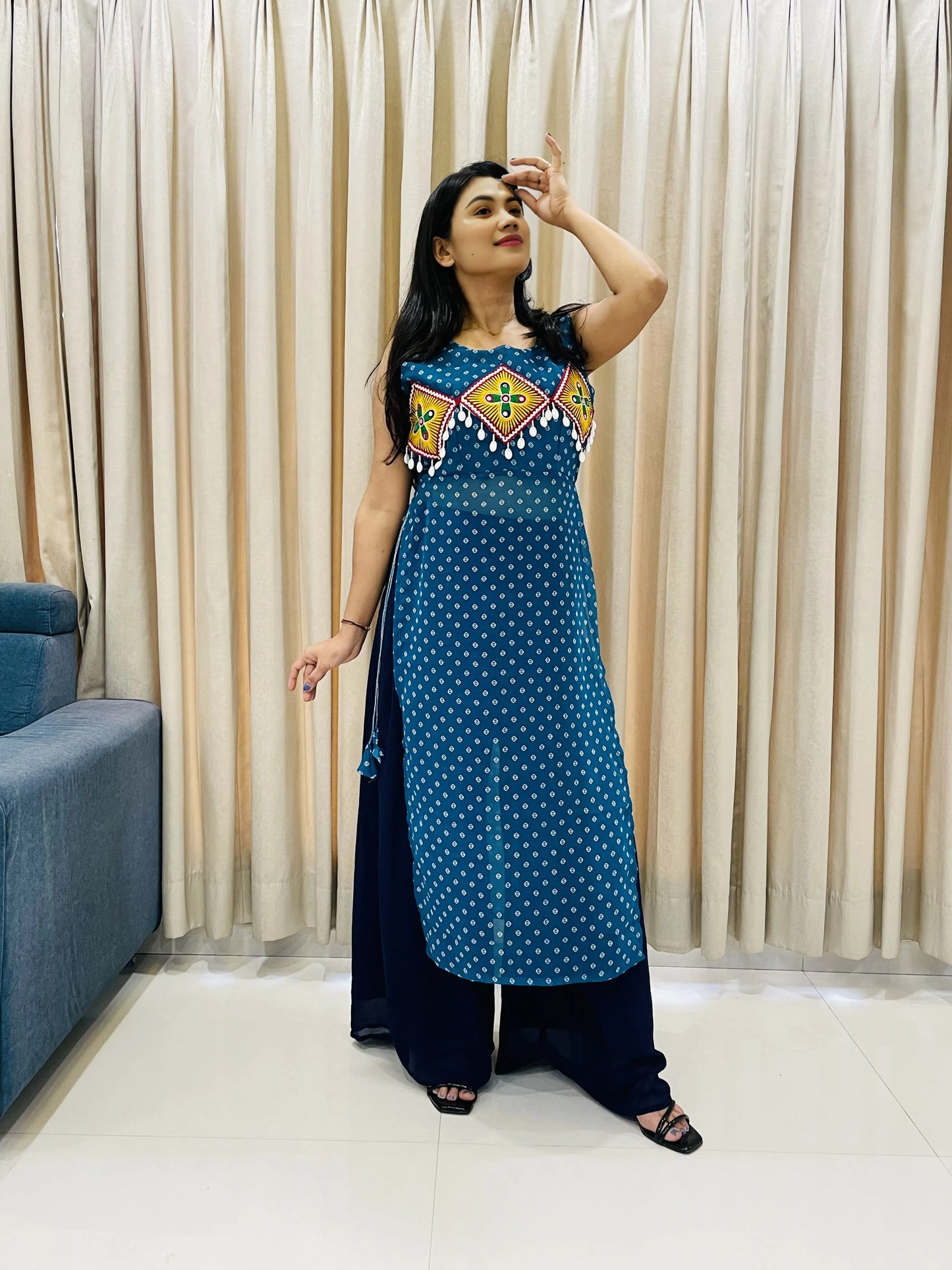 BALADA Teal Blue Georgette Kurti for Navratri – Embroidered Mirror Work Festive Outfit