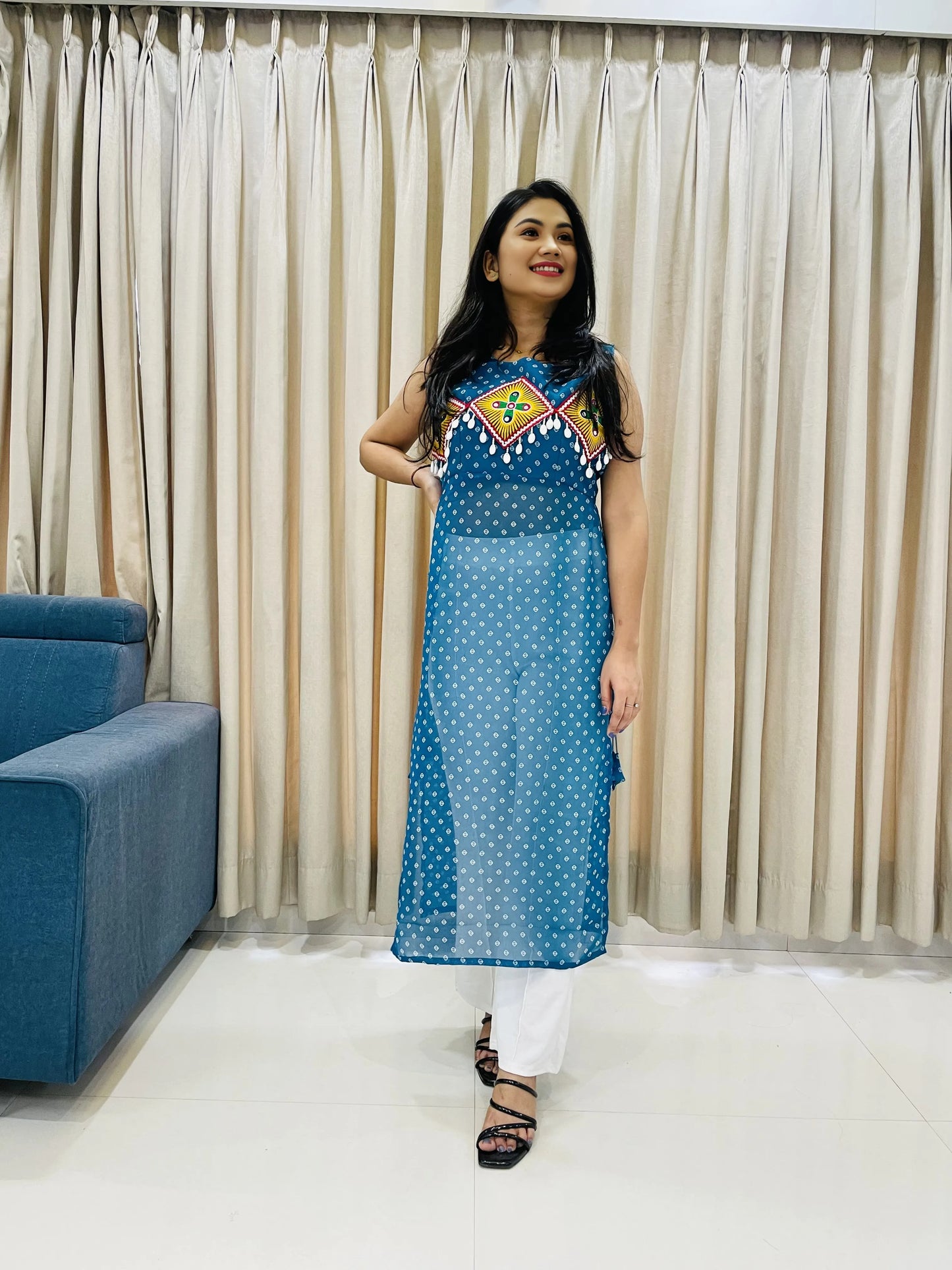 BALADA Teal Blue Georgette Kurti for Navratri – Embroidered Mirror Work Festive Outfit
