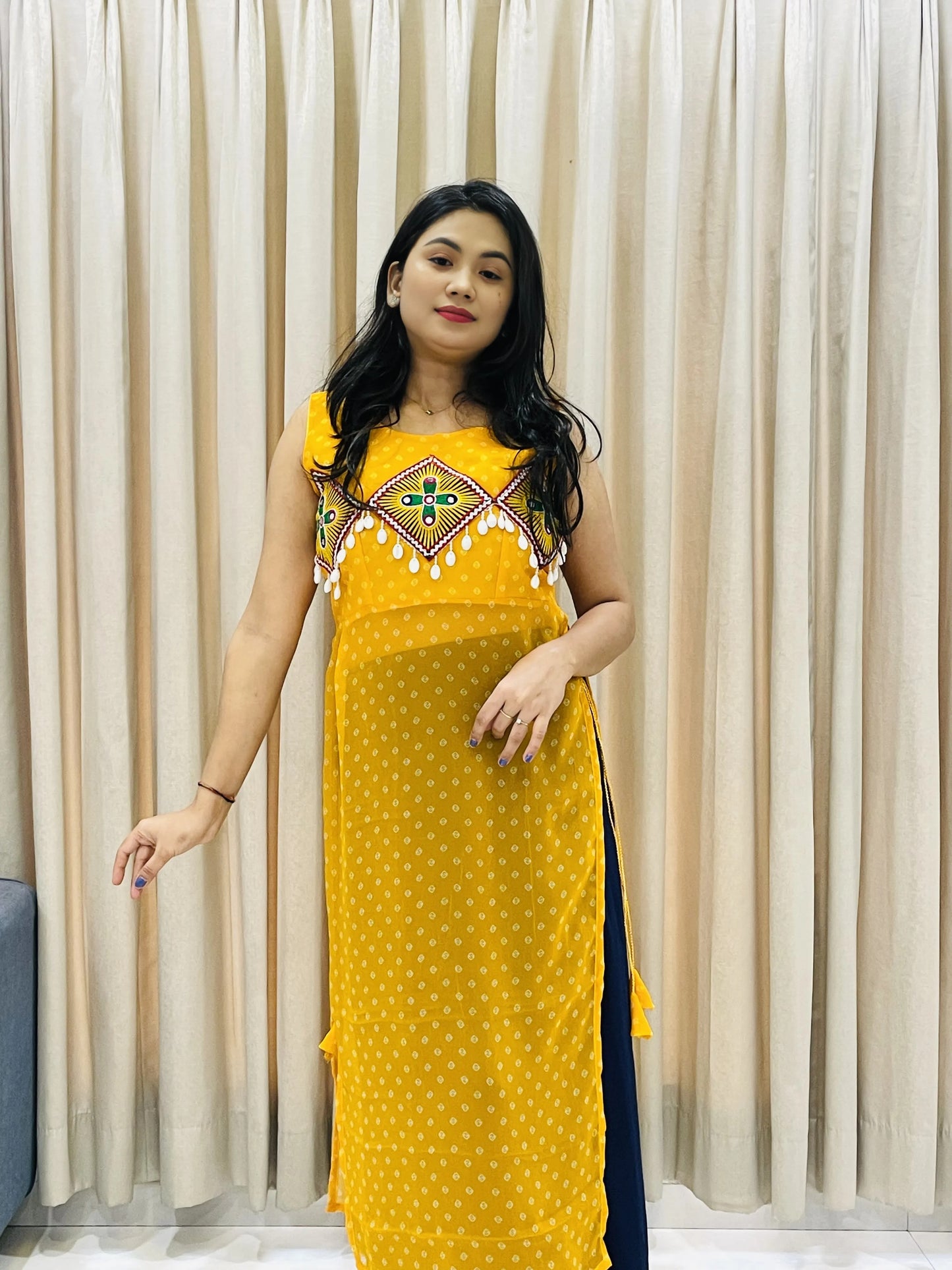BALADA Yellow Georgette Kurti for Navratri – Traditional Mirror Work Festive Style