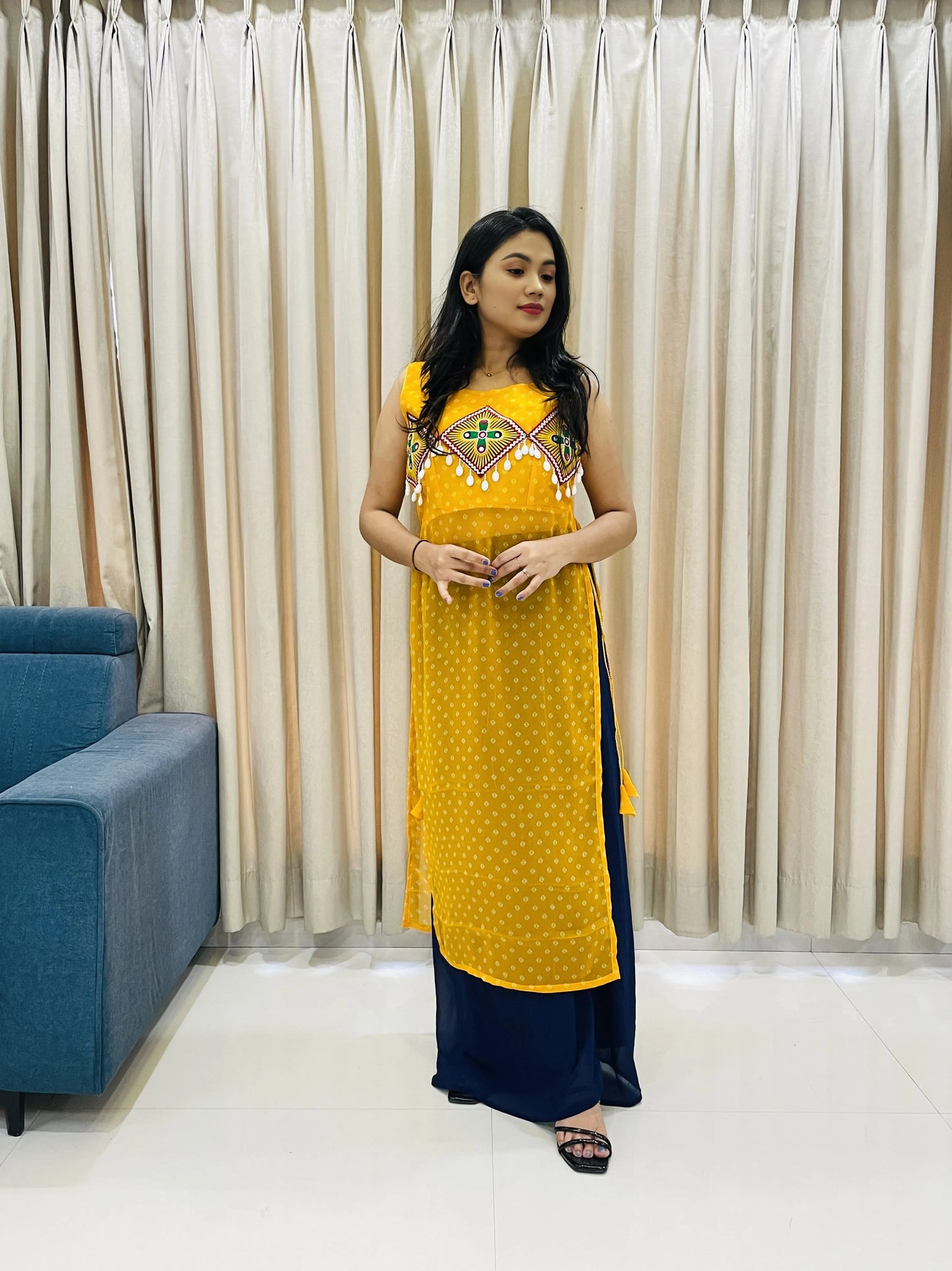 BALADA Yellow Georgette Kurti for Navratri – Traditional Mirror Work Festive Style
