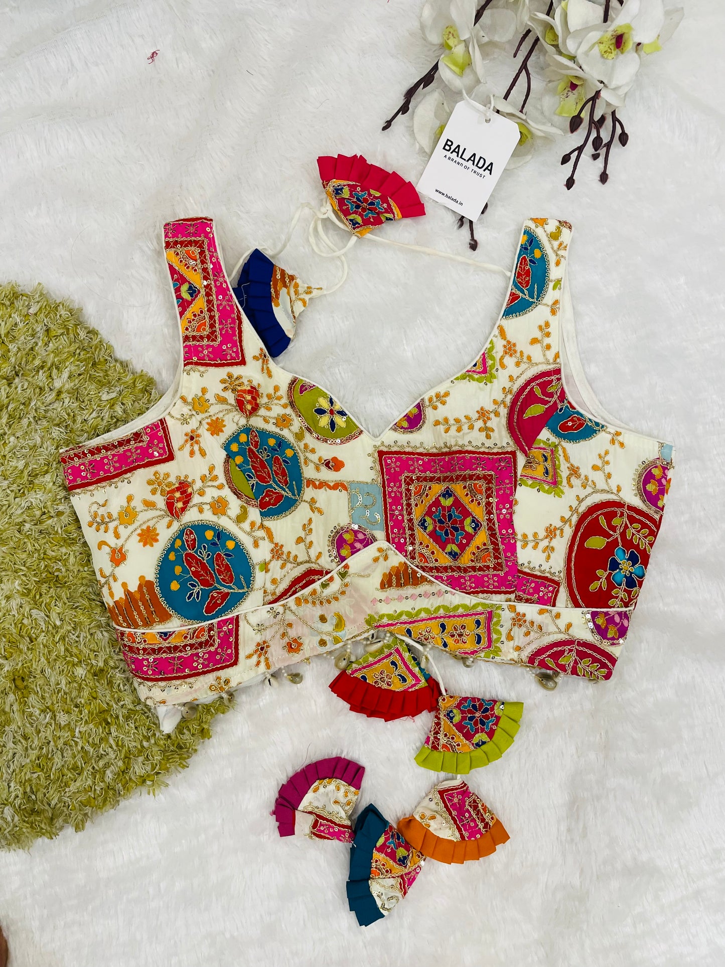 Off-White Multicolor Embroidered Sleeveless Blouse with Tassels