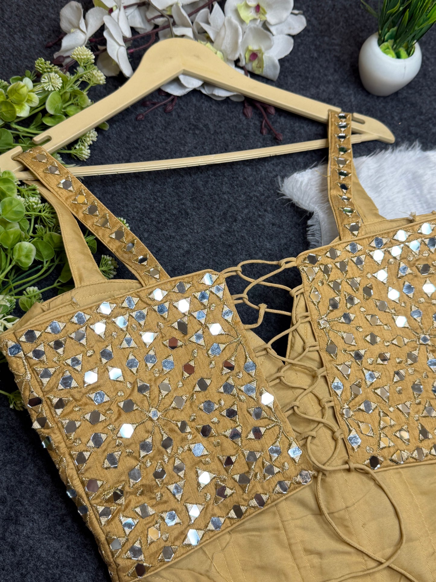 BALADA Women's Gold Mirror Work Bustier Blouse | Designer Party Wear Readymade Blouse | Fancy Wedding & Navratri Blouse for Women