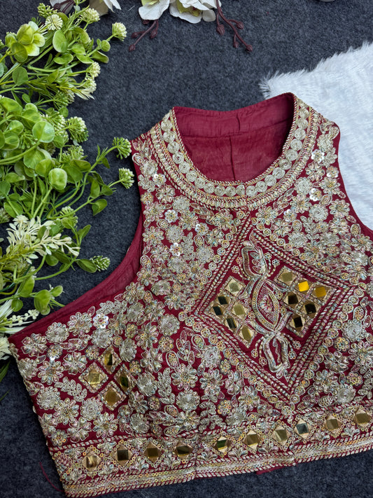 BALADA Maroon Heavy Embroidered Mirror Work Readymade Blouse for Women | Designer Wedding Blouse | Bridal Lehenga Blouse | Festive Party Wear Blouse