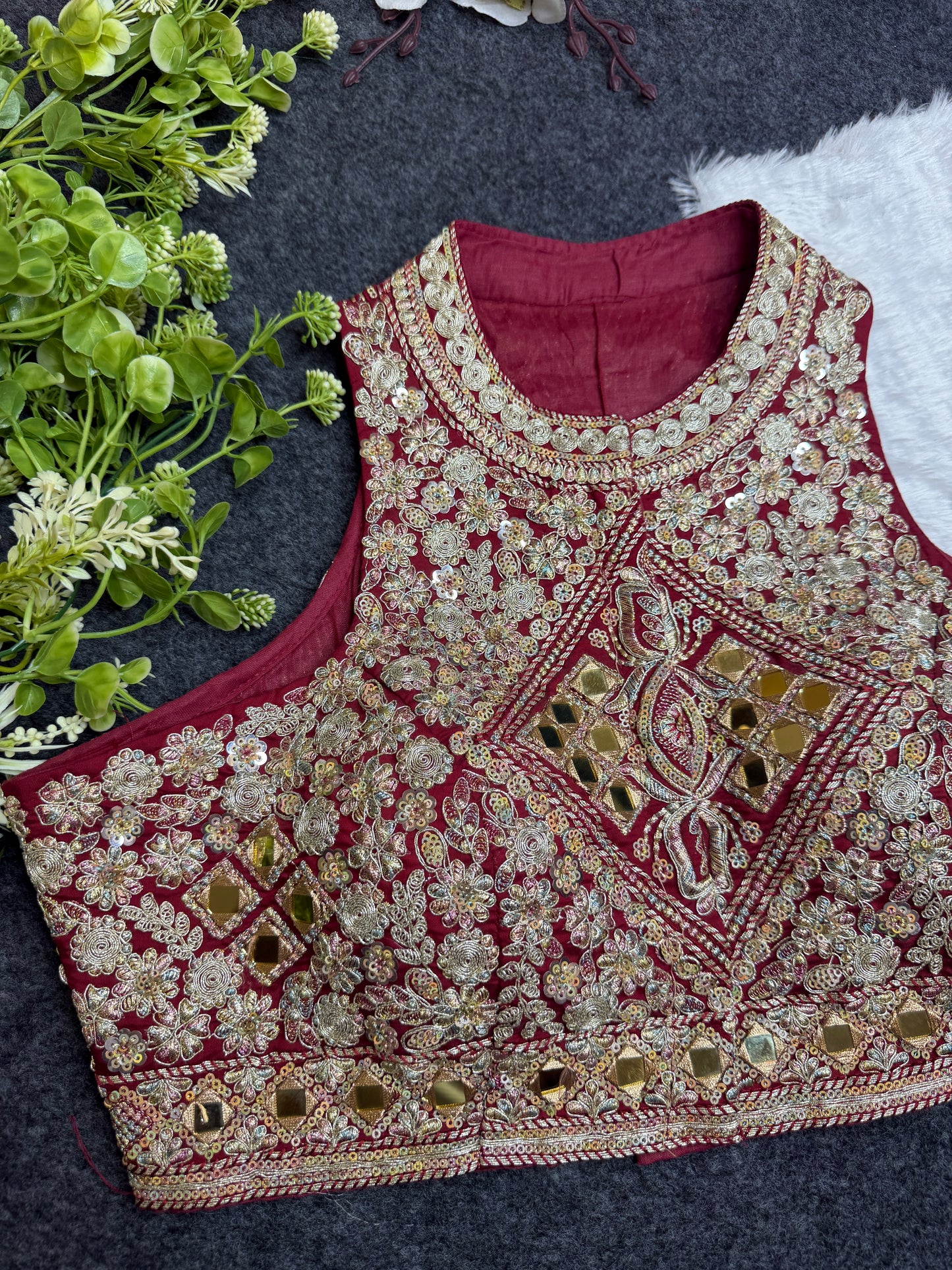 BALADA Maroon Heavy Embroidered Mirror Work Readymade Blouse for Women | Designer Wedding Blouse | Bridal Lehenga Blouse | Festive Party Wear Blouse