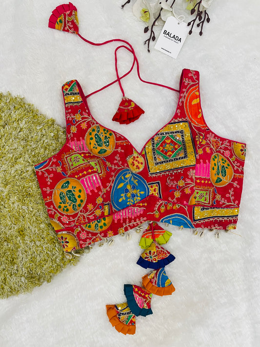 Red Multicolor Embroidered Sleeveless Blouse with Tassels