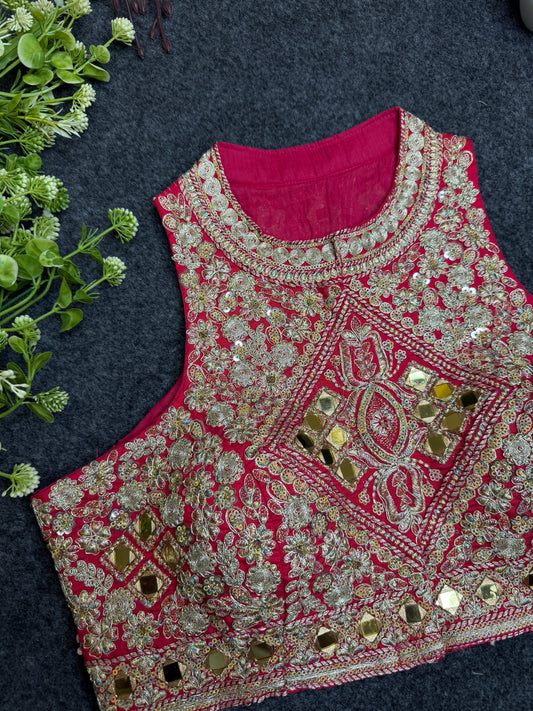 BALADA Pink Heavy Embroidered Mirror Work Readymade Blouse for Women | Designer Bridal Lehenga Blouse | Wedding & Festive Wear Blous