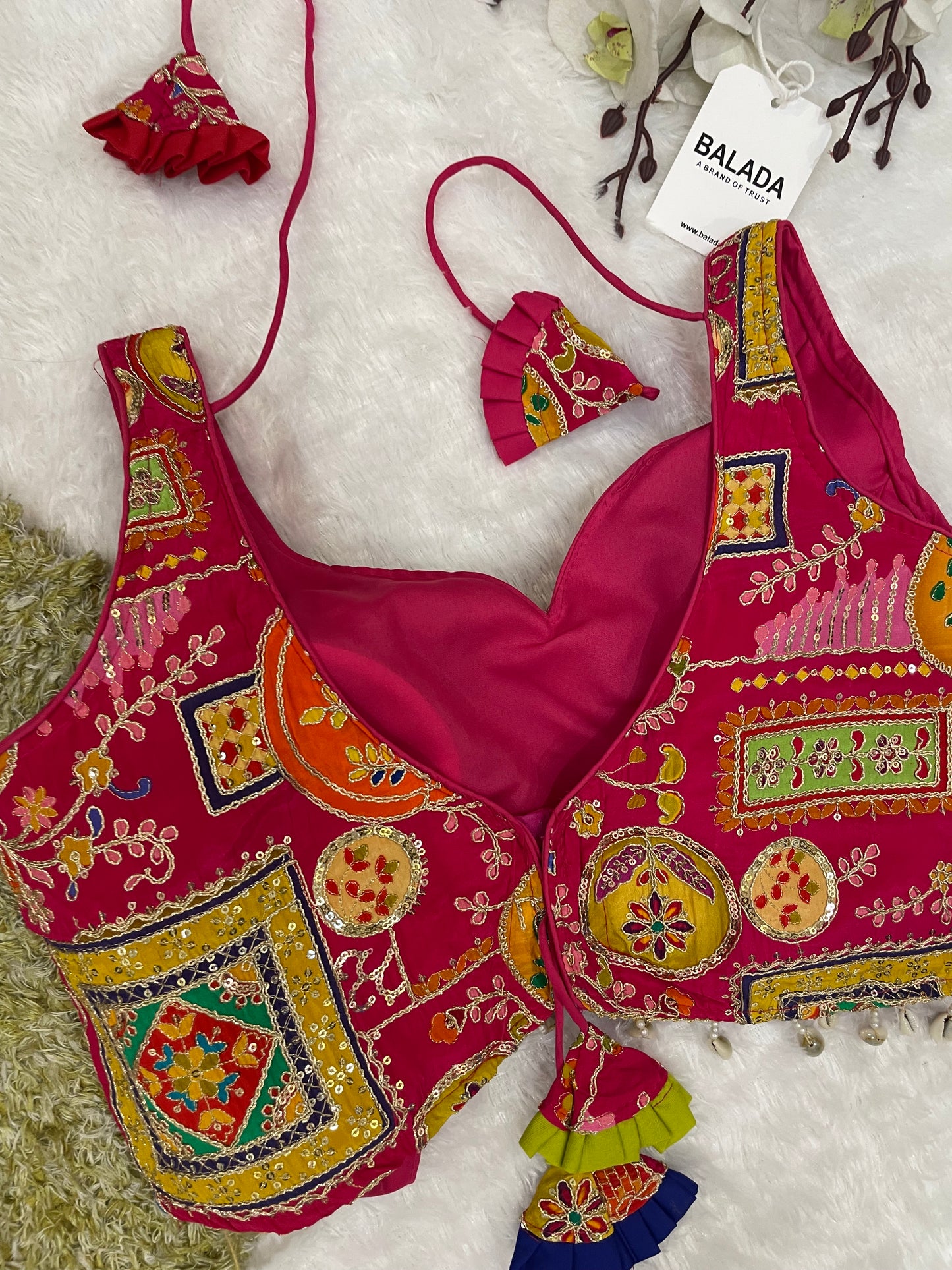 Red Multicolor Embroidered Sleeveless Blouse with Tassels